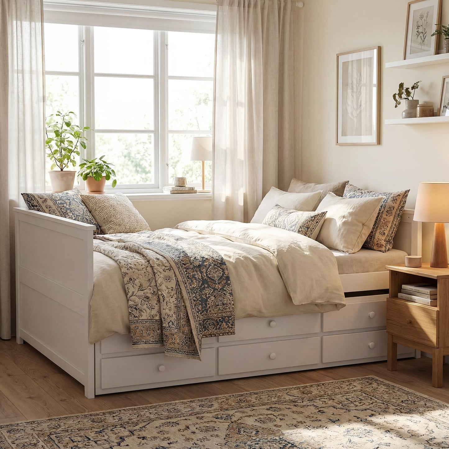 KOMFOTT Wood Full Trundle Bed with 3 Storage Drawers, Daybed with Trundle, No Box Spring Needed Daybed Frame, Trundle Bed with Storage for Kids Teens & Adults, Full Size Captain’s Bed (White)