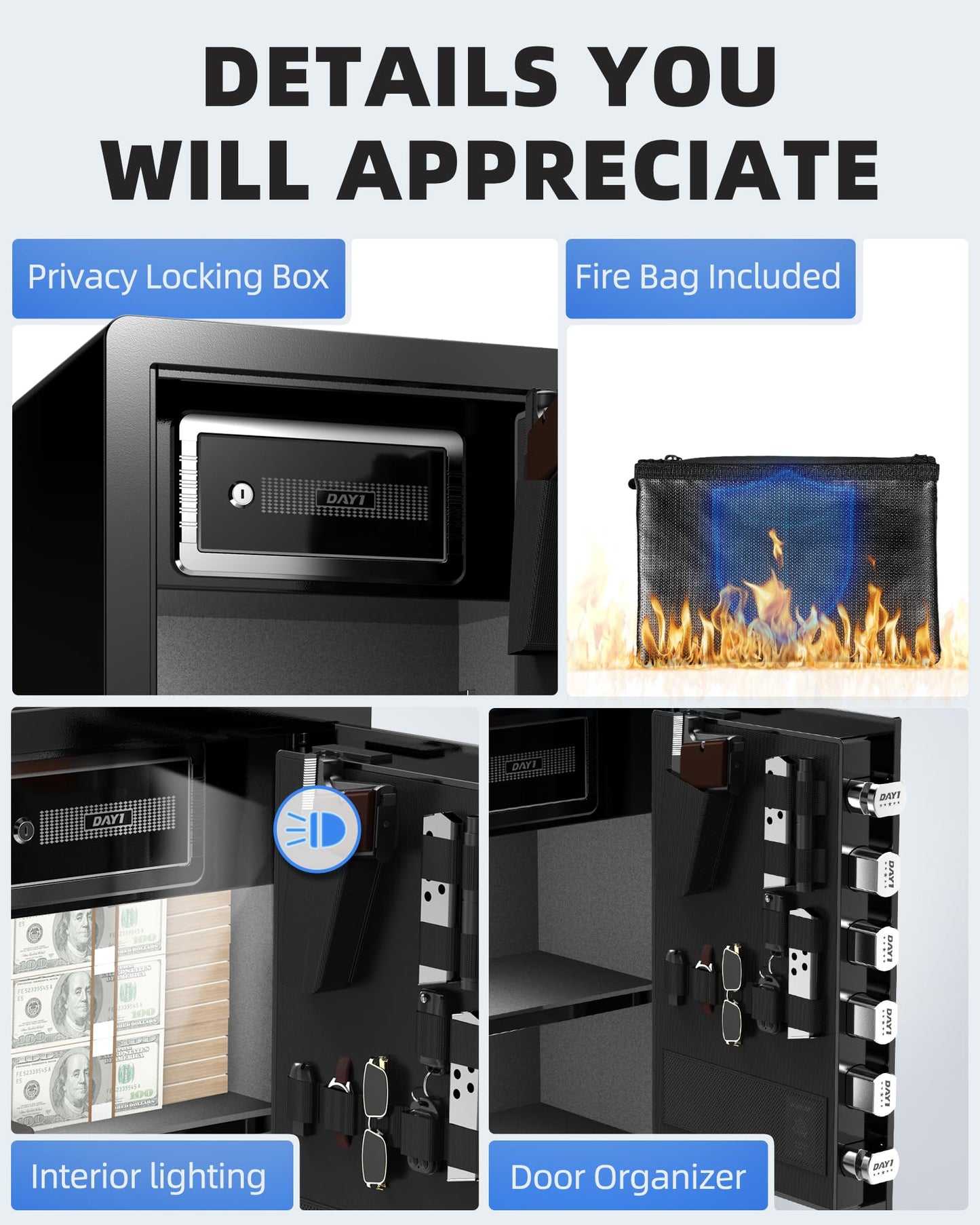 DAYI Biometric Fingerprint Safe Box, 3.0 Cu. Ft. Home Safes with Fireproof Bag, Digital Touchpad Security Safe for Money Cash Documents, Dual Alarm System - 60 Pro