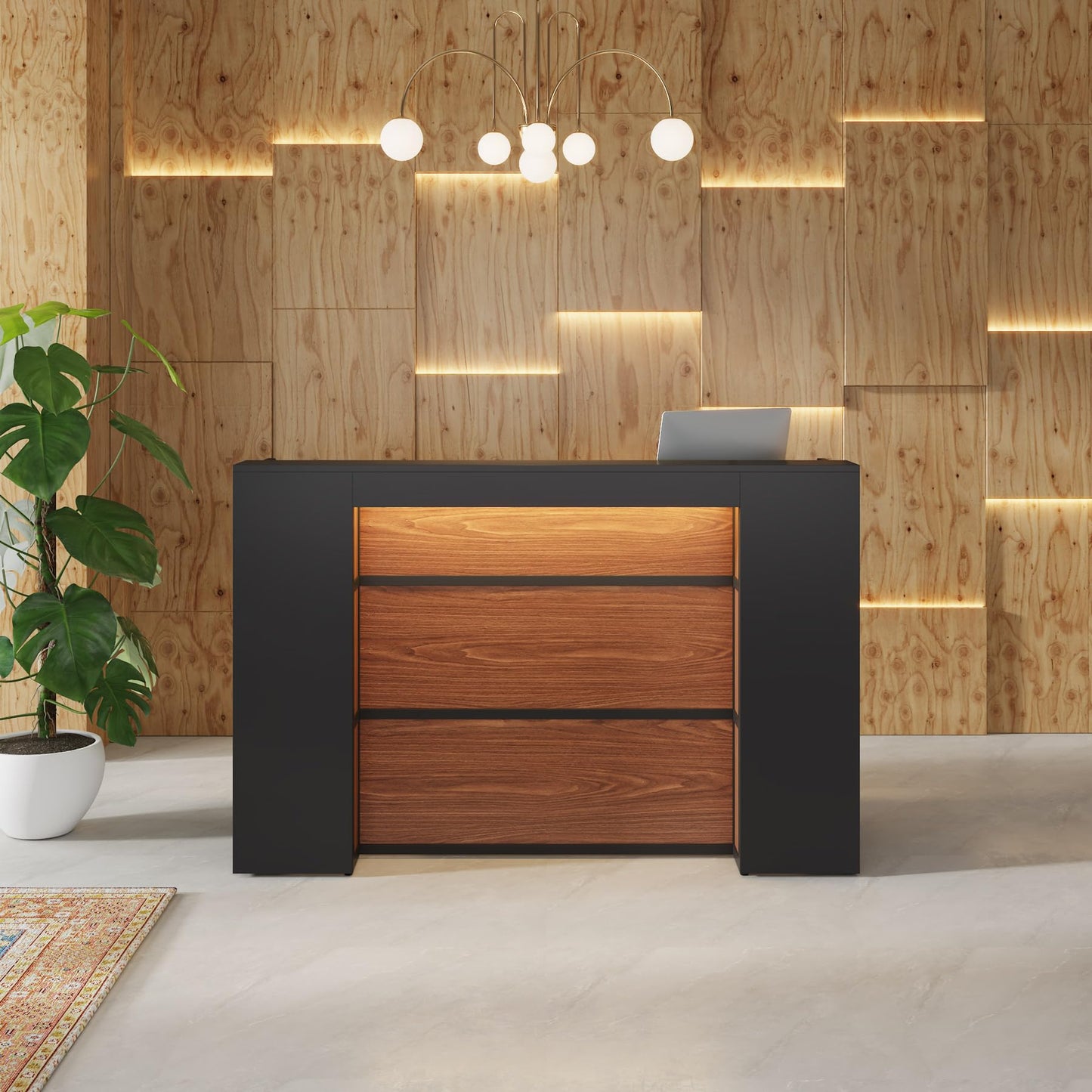 Tribesigns Reception Desk with LED Lights, 63 Inches Front Counter Desk for Checkout, Lobby, Salon, Retail, Modern Large Counter Table for Store Shop Clinic Office (Black&Brown)