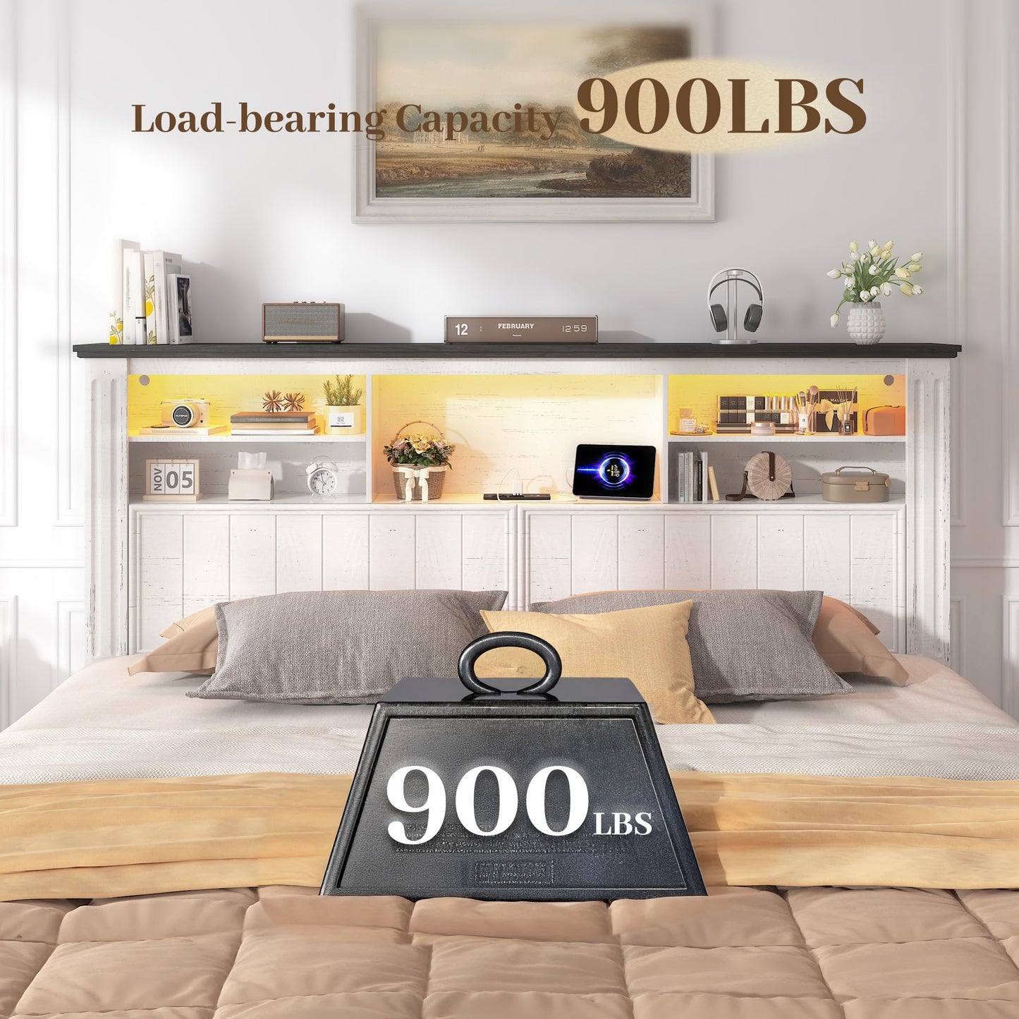EnHomee Queen Bed Frame with Headboard, and 4 Storage Drawers, LED Lights & Charging Ports,No Box Spring Needed for Apartment,Noise-Free,Wooden, White