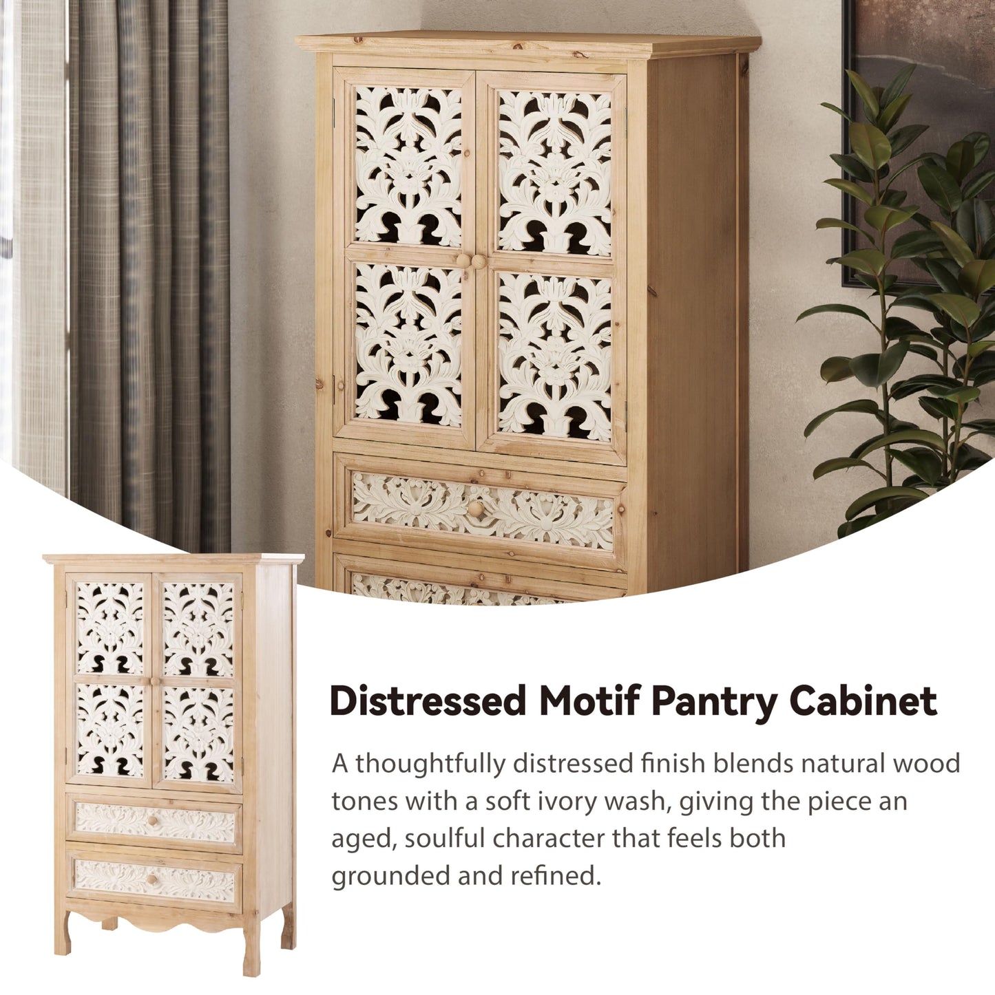 Aoikax 48" Boho Farmhouse Hollow Carved Pantry Cabinet with 2 Drawers