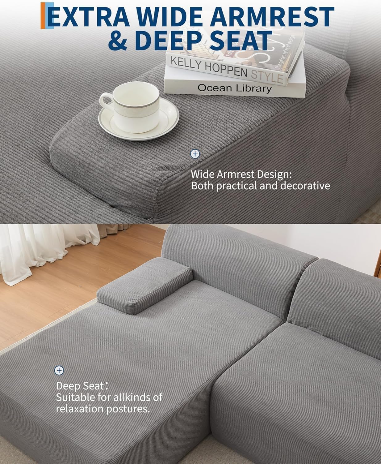 PeakPursuit Oversized 108" Corduroy Cloud Sectional, Left-Facing Chaise Boneless Modular Sofa, Soft Deep Lounger for Living Room, No Assembly Needed
