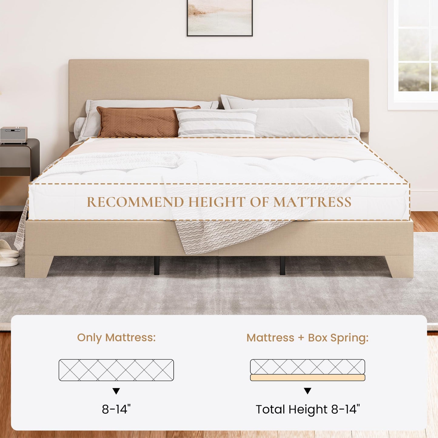 SHA CERLIN Linen Upholstered King Size Bed Frame with Headboard, Beige