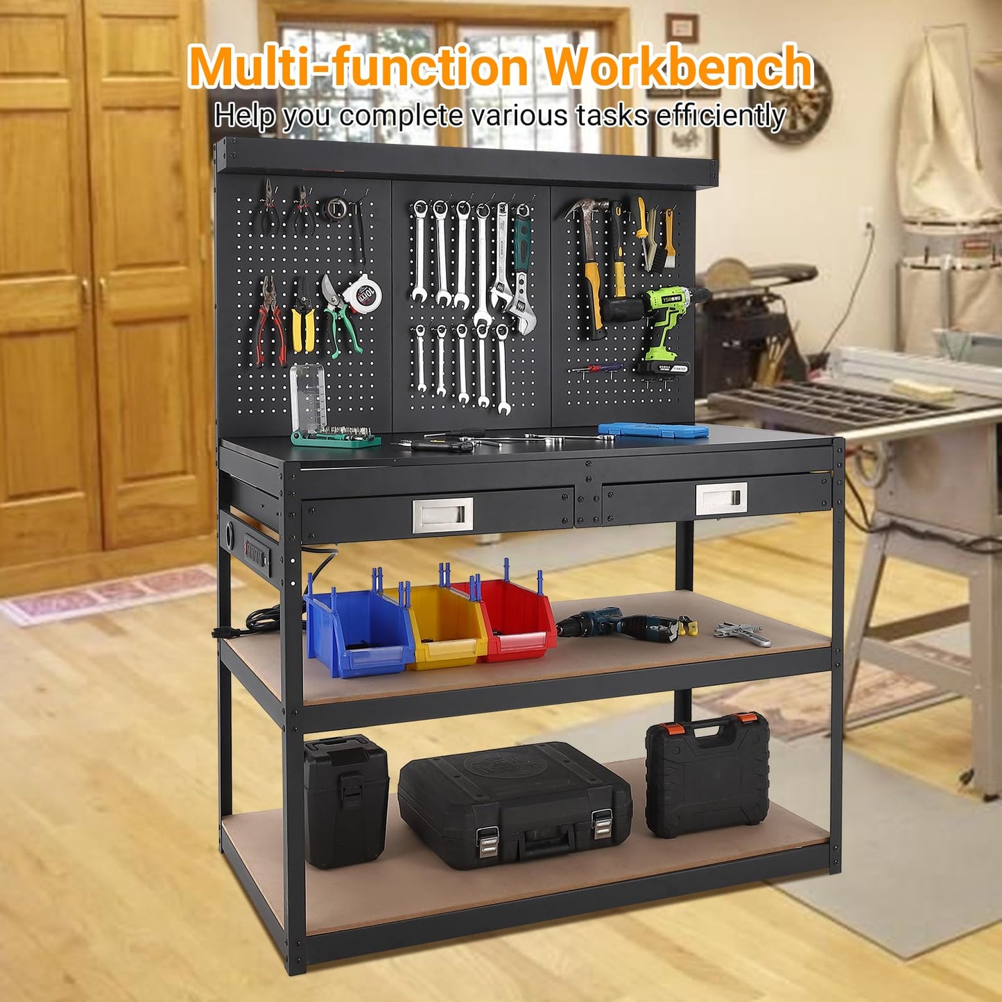 Workbench with Pegboard, 48" x 24" Heavy Duty Work Bench with 2 Large Drawers and 2 Storage Shelves, Garage Tool Organizer with Power Outlets for Workshop, Warehouse, Basement, Home