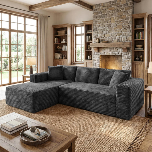 Shintenchi Boneless Couches for Living Room with 2 Cup Holders,L Shaped Modular Sectional Sofa Set,No Assembly Needed Plush Corduroy Living Room Set,Dark Gray