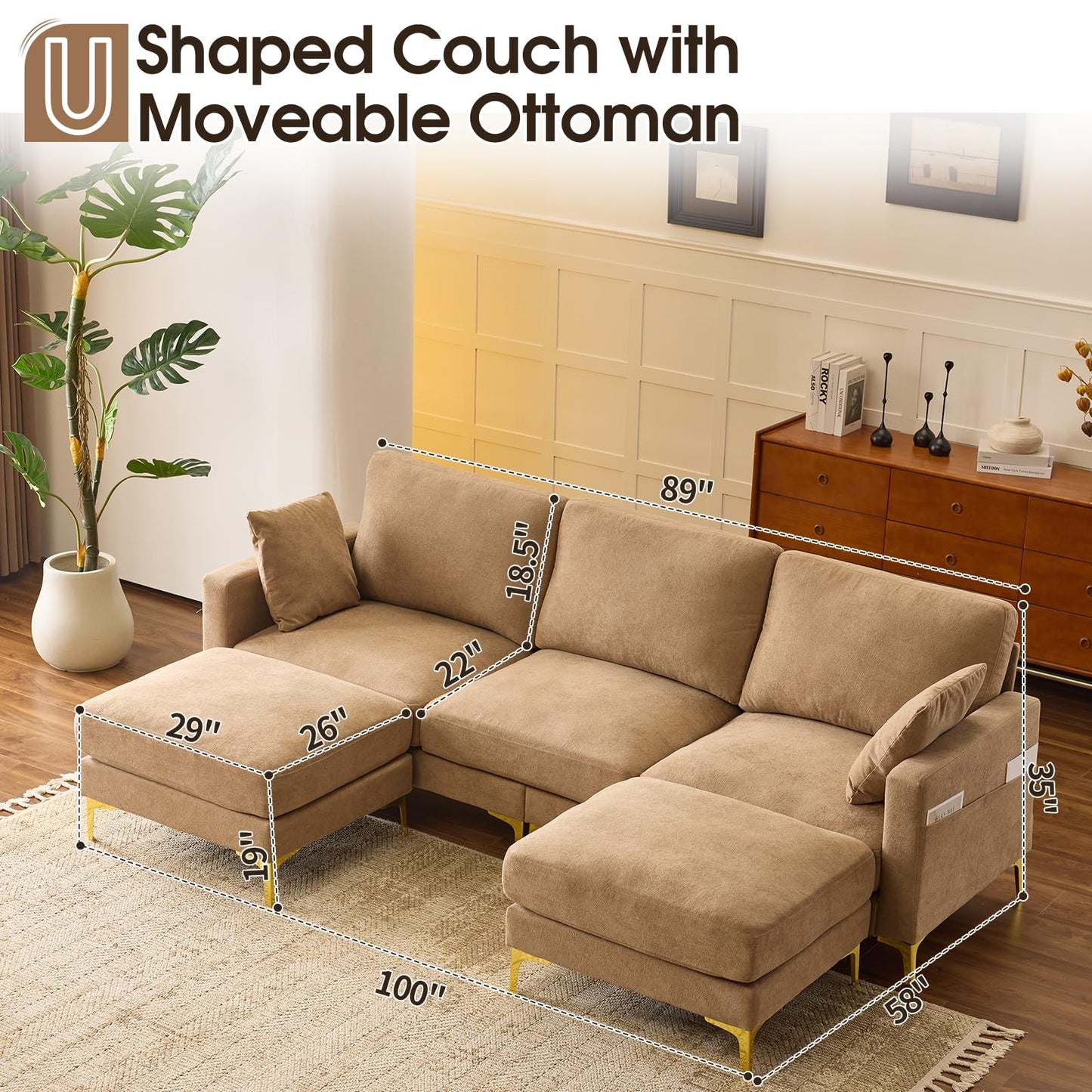 VINGLI 100" W U Shaped Couch with Ottoman, 22" Deep Seat Comfortable Sectional Couches for Living Room, 3 Seater Chenille Fabric Cloud Sofa for Apartment, Small Spaces, Bedroom, Khaki