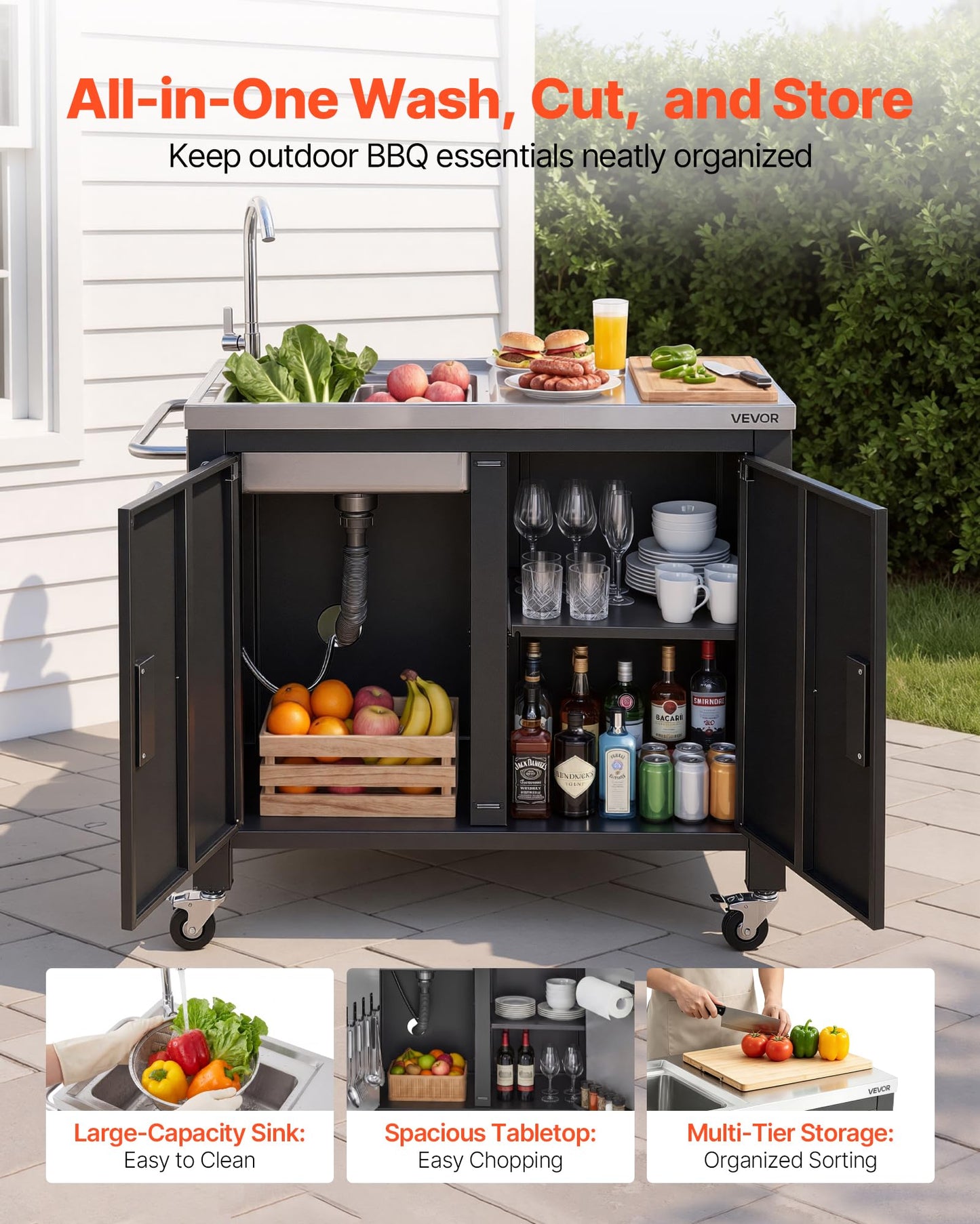 VEVOR Outdoor Grill Cart with Sink and Storage Cabinet, 38 Inch Grill Table, Waterproof Kitchen Island with Stainless Steel Top, Spice Rack, Wheel, Movable Food Prep Station for Patio Bar Backyard BBQ