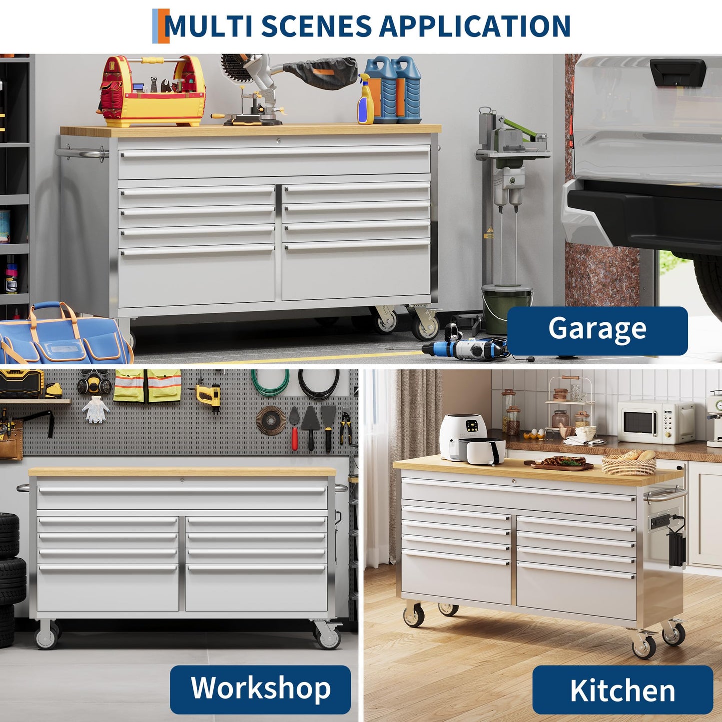 SierraSquad 61 Inch Rolling Tool Chest, Garage Workbench with 9 Drawers, Solid Rubber Wood Top, Wheels Lock Key Locking System, Mobile Tool Cabinet Garage, Warehouse and Repair Shop