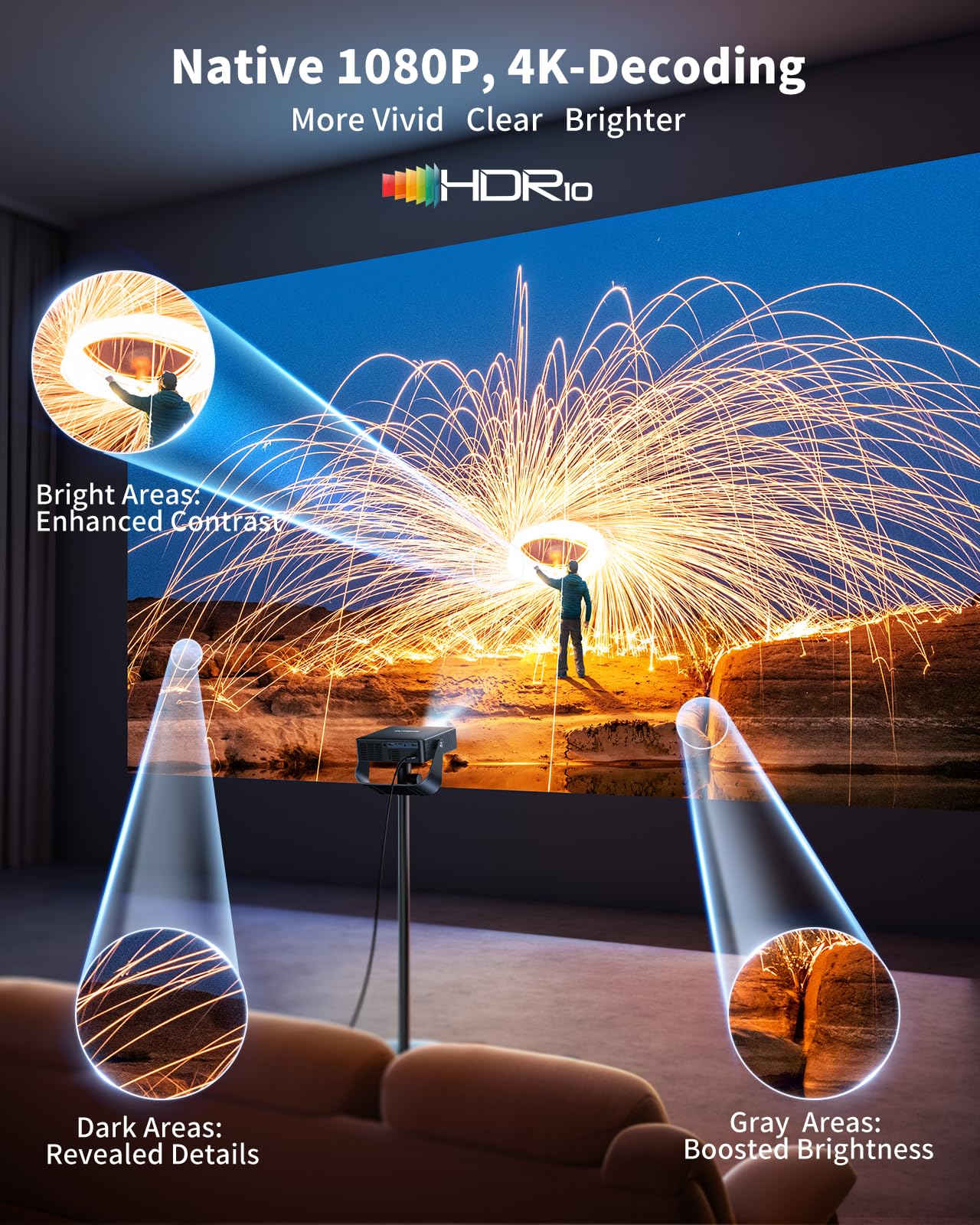 [Official Apps & Live TV & 330° Stand]Smart Mini Projector with WiFi and Bluetooth Ultra-thin, 4K Support Outdoor Movie Projector, Auto Focus, HDR10, Portable 1080P Projector for Bedroom/Home/Celling