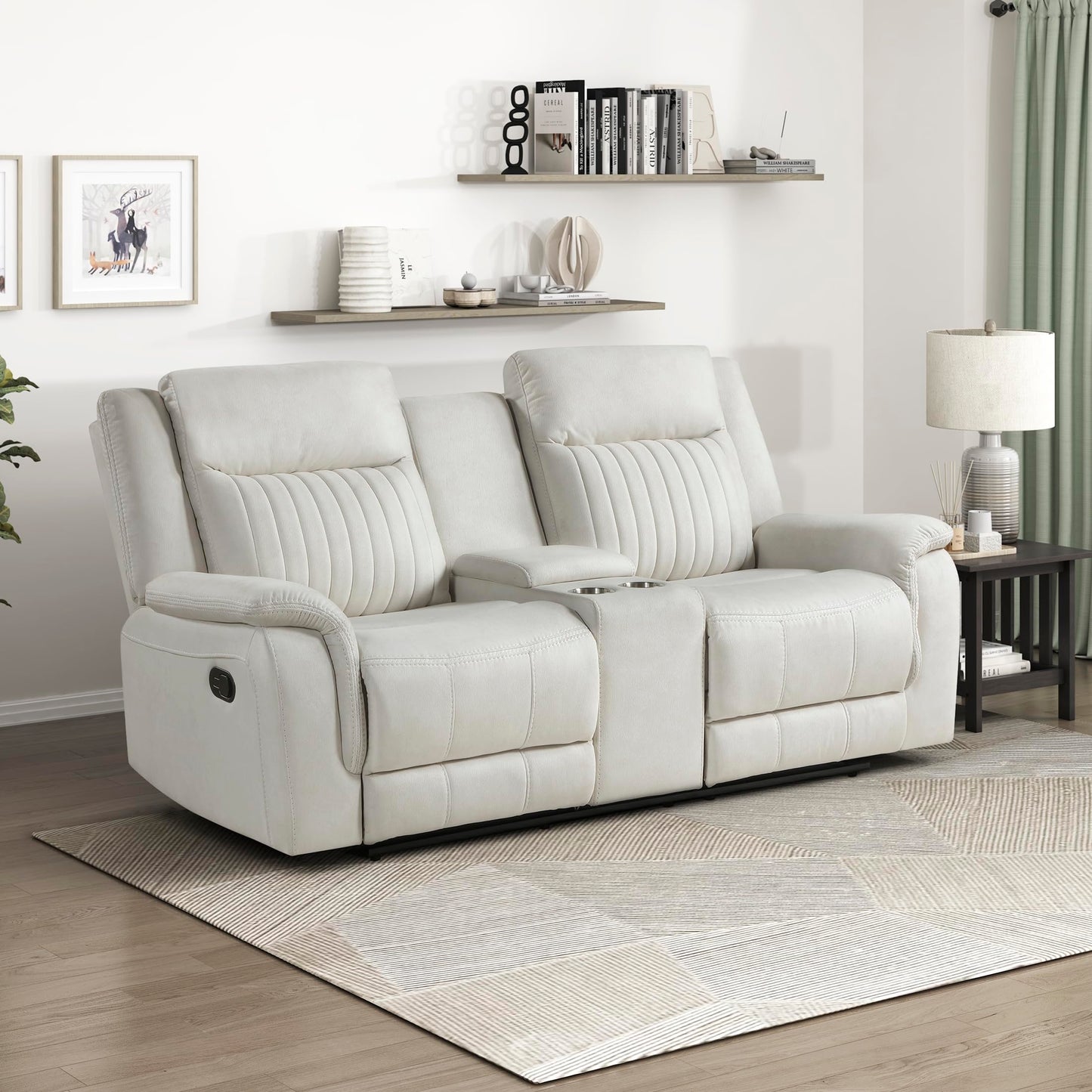 Lexicon Manual Double Reclining Loveseat, Polished Microfiber Manual Wall Hugger Loveseat Recliner for Living Room, Center Storage Console/Cup Holders, Easy Assembly, Beige