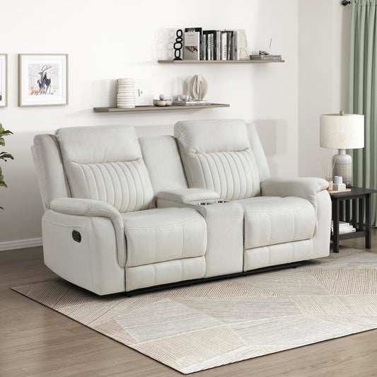 Lexicon Manual Double Reclining Loveseat, Polished Microfiber Manual Wall Hugger Loveseat Recliner for Living Room, Center Storage Console/Cup Holders, Easy Assembly, Beige