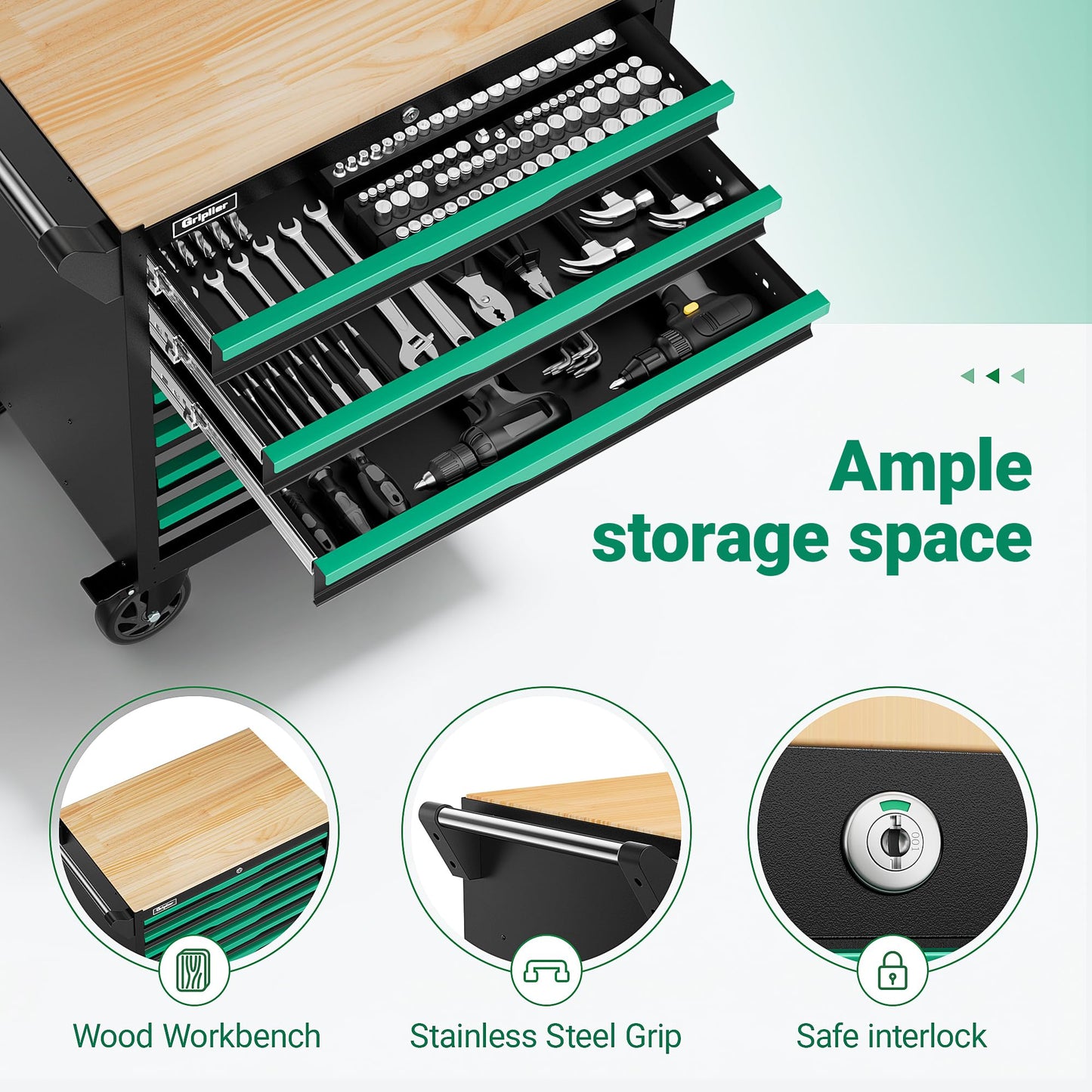 Griplier 7-Drawer Tool Chest with Wood Top, 31.3W x 18.9D x 32.3H inches, Black and Green，Locking Rolling Tool Box with Wheels,Mechanic Tool Cabinets for Garage, Warehouse,Repair Shop(7 Drawers)