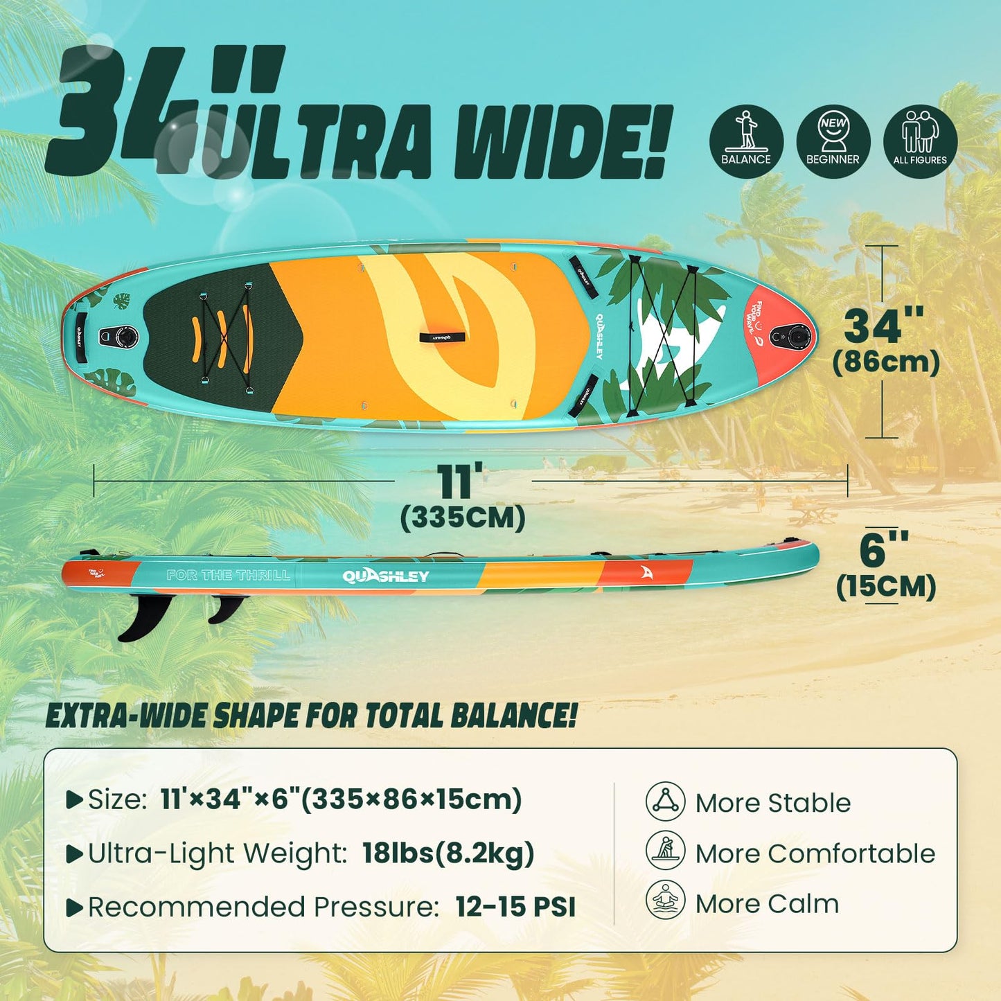 Quashley Inflatable Stand Up Paddle Boards 34" Wide SUP Boards with All Premium Paddleboards Accessories,Stable Design for Beginners Green Paddle Boards