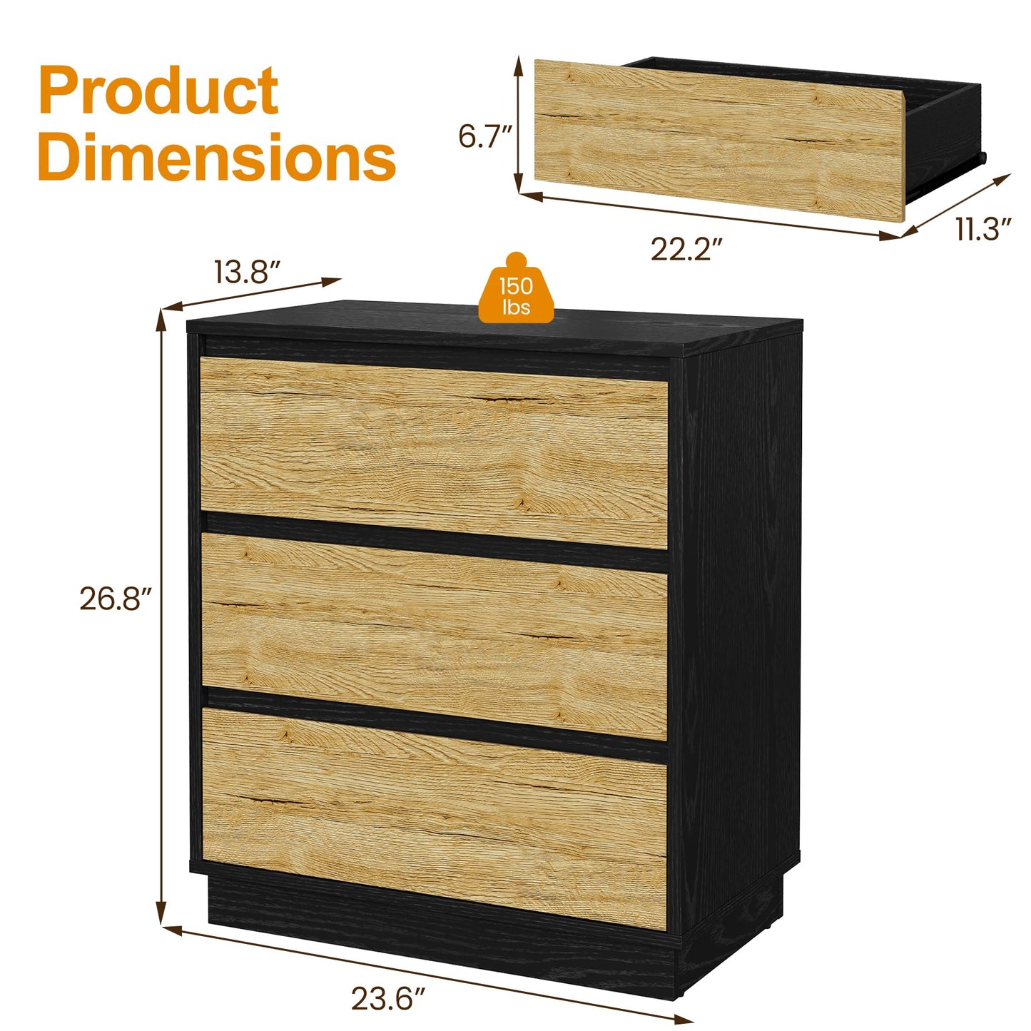 RoyalCraft Nightstand Set of 3, 23.6" Night Stand with 3 Drawers Storage, Large Bedside Table, End Table for Bedroom, Closet, Black and Wood