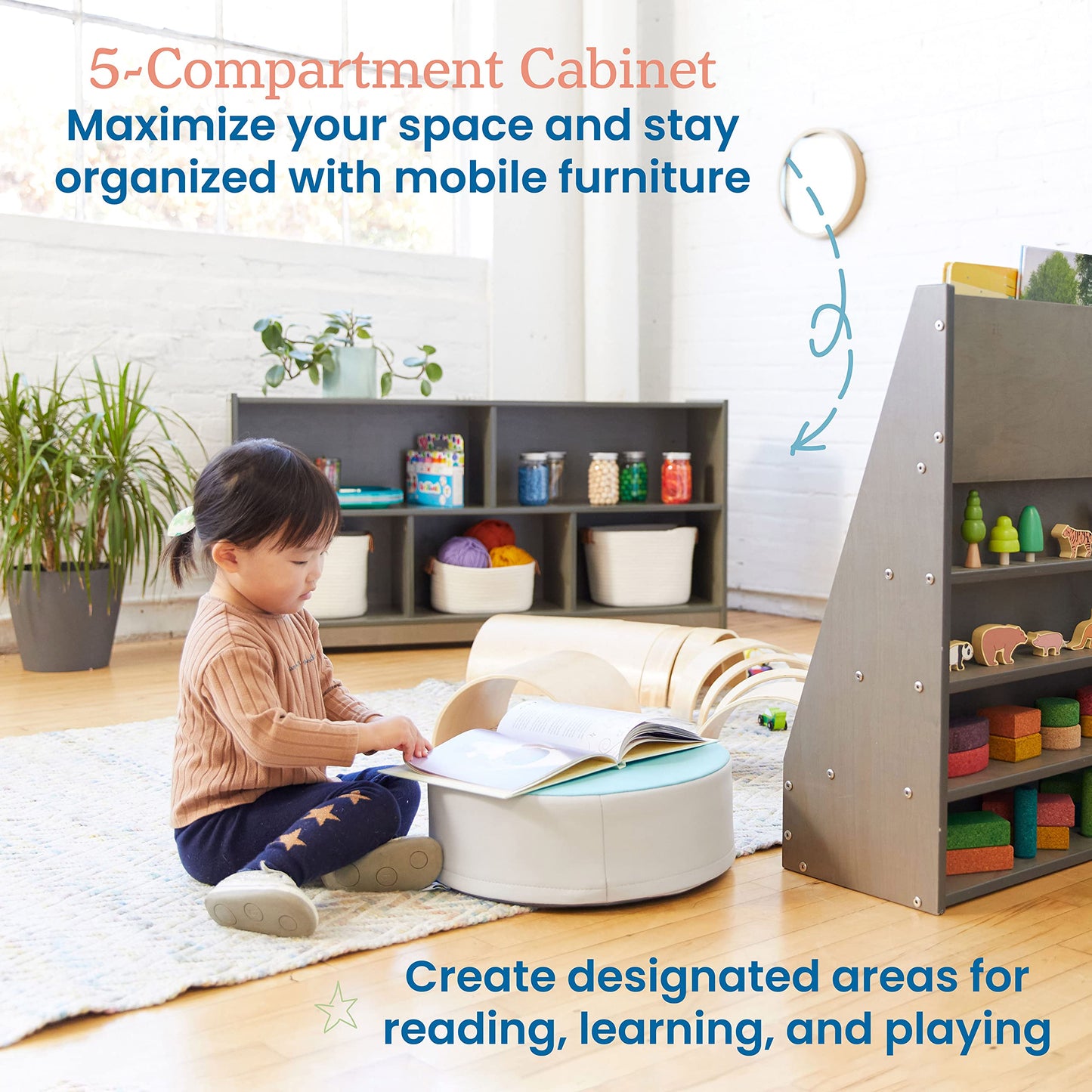 ECR4Kids 5-Compartment Mobile Storage Cabinet, Toddler, Classroom Furniture, Grey Wash