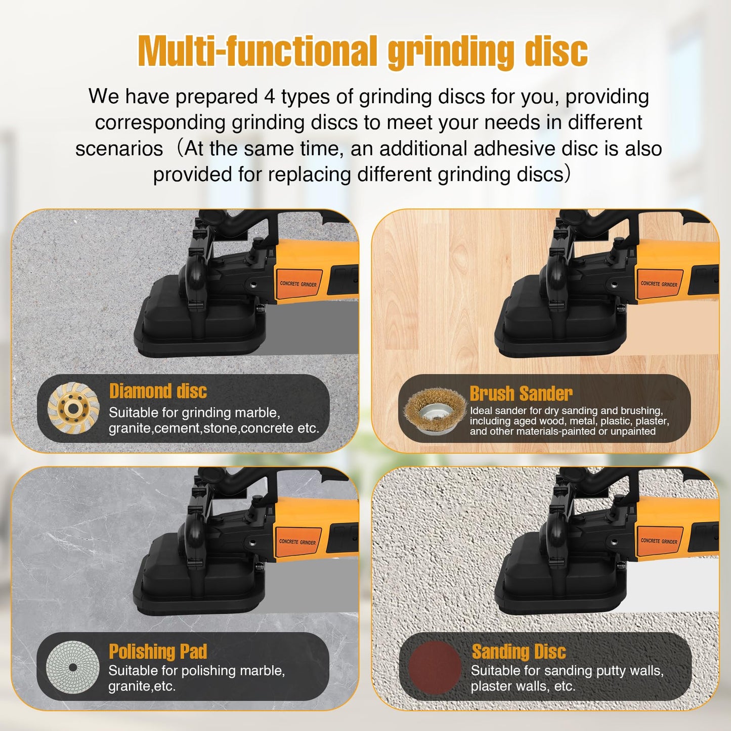4-Head Concrete Grinder Machine with Handle & Auxiliary Wheels，3800W Floor Grinder For Concrete with 6-Speed Control & Dust Collection Cover, Floor Grinder for Grinding Concrete Deck Marble Granite