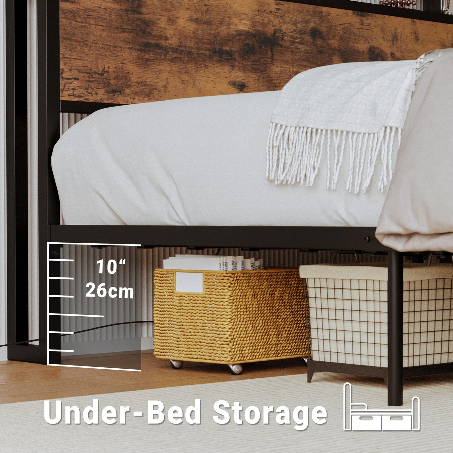 LIKIMIO King Size Bed Frame with Storage Headboard, Platform King Bed with 2 Drawers and Charging Station, Heavy-Duty Metal Slats, No Box Spring Needed, Easy Assembly, Retro Brown