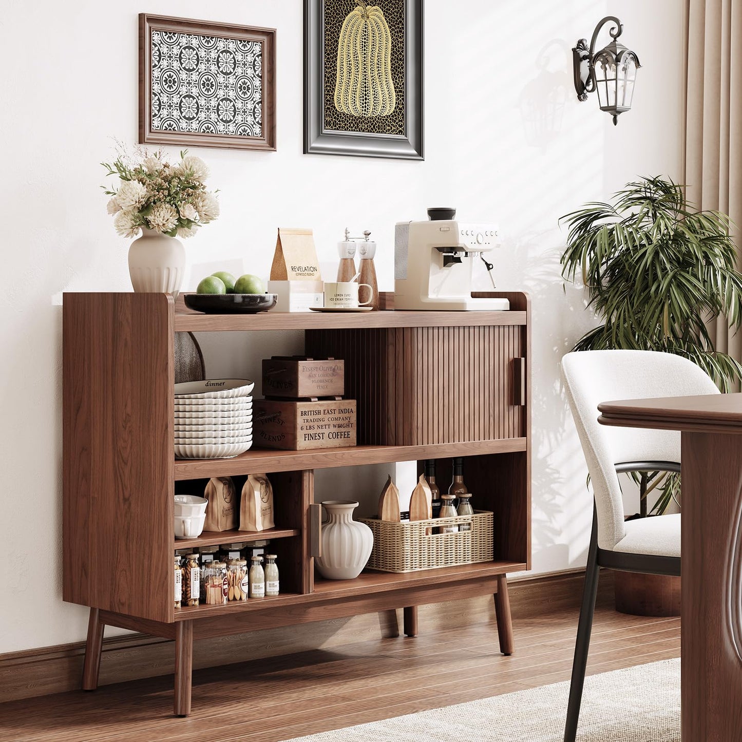 ONBRILL 44" Sideboard Buffet Cabinet with Outlet & 2 Open Storage Spaces, Fluted Sideboard Cabinet with Sliding Door & Adjustable Shelves, Mid-Century Accent Coffee Bar Console Table with Wooden Feet