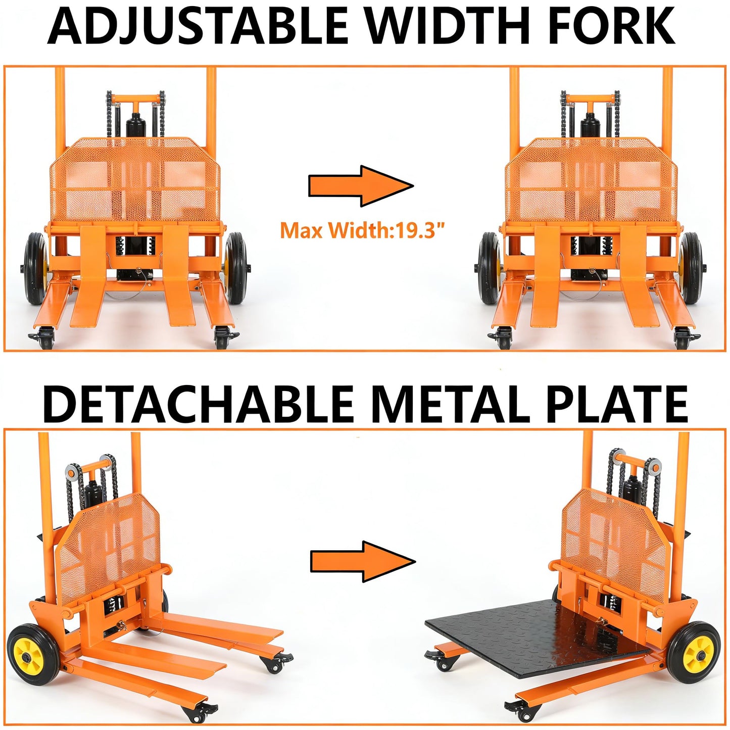 Hydraulic Material Lift with Steel Platform Board, 450 Lbs Capacity, 36" Max Lift Pallet Truck Dolly, Table Fork Lift with Adjustable-Width & Height Forks, for Garge, Workshop and Logistics Center