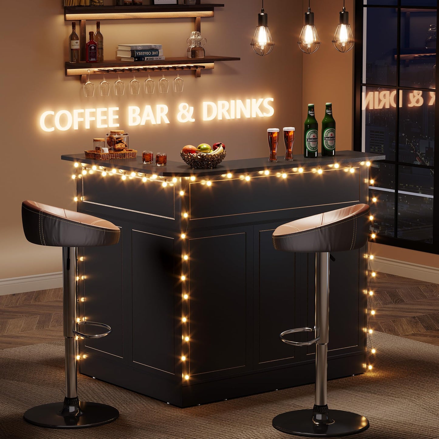 LITTLE TREE Black Bar Cabinet, 4-Tier Home Mini Bar Cabinet with Stemware Rack, Freestanding Wooden Storage Cabinet, Modern L-Shaped Liquor Table Cabinet for Living Room, Dining Room