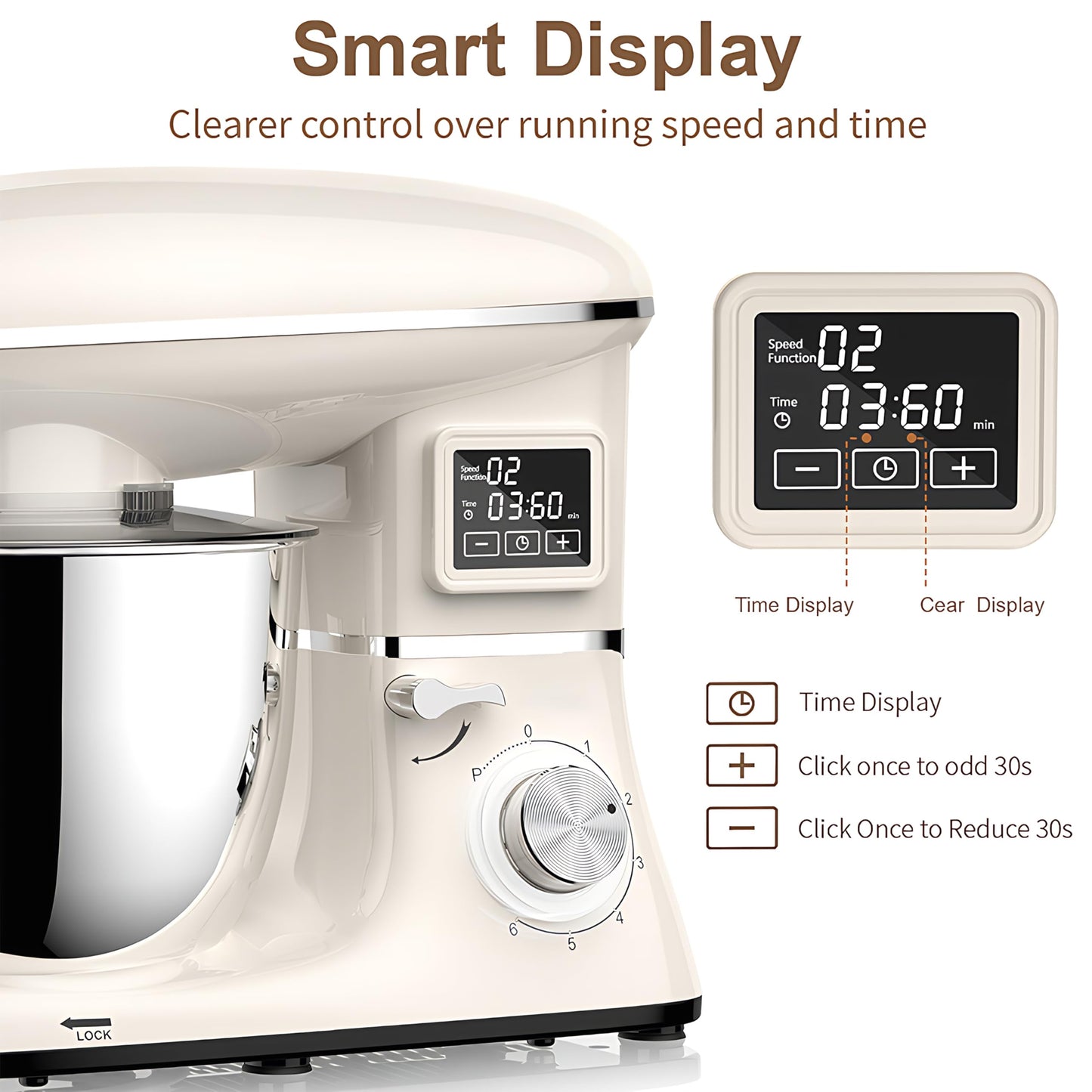 Stand Mixer with LED Display & Timer 6.5QT Stainless Steel Bowl, 1350W 6-Speeds Electric Kitchen Stand Up Mixer for Baking Cakes Cookie Bread Salad Food with Egg Whisk, Dough Hook, Beater - White