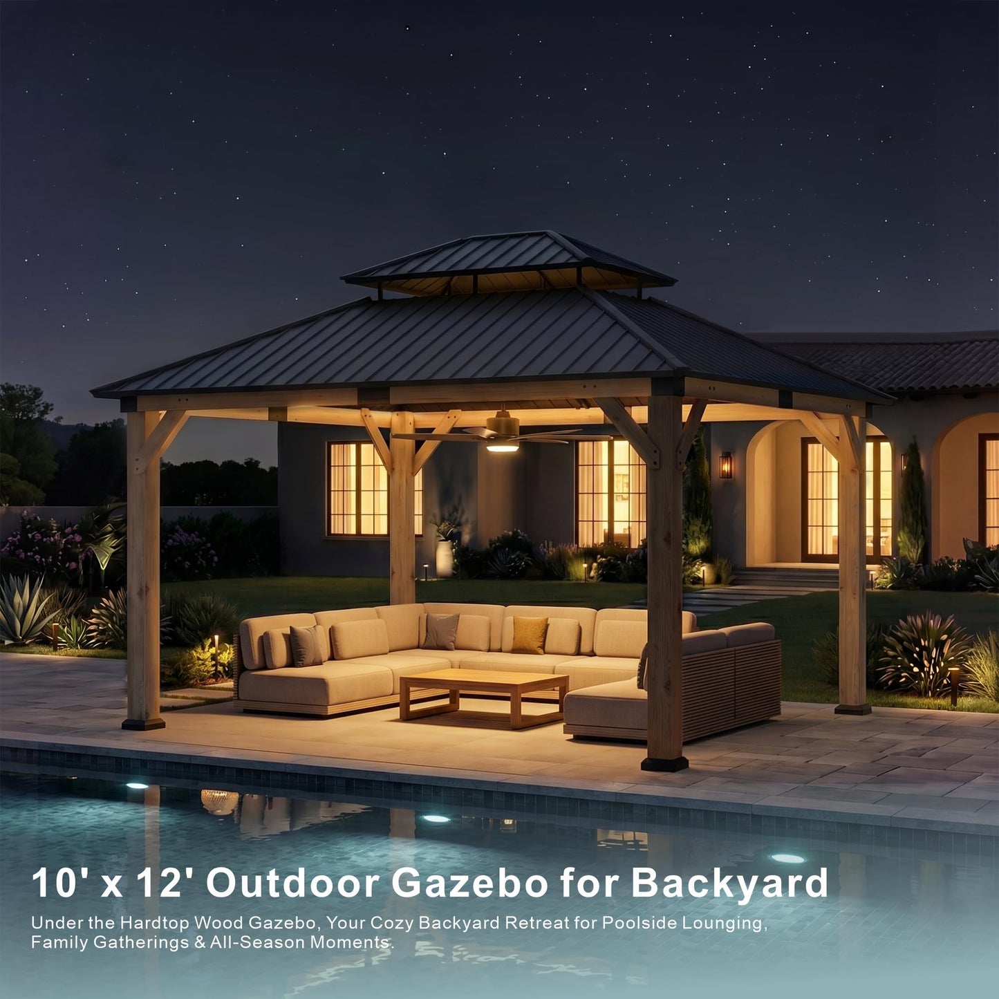 Wood Gazebo 10' x 12', Permanent Pavilion with Hardtop Galvanized Steel Double Roof, Cedar Gazebo with 4.72" Thickened Wooden Posts for Poolside, Patio, Backyard, Garden and Deck