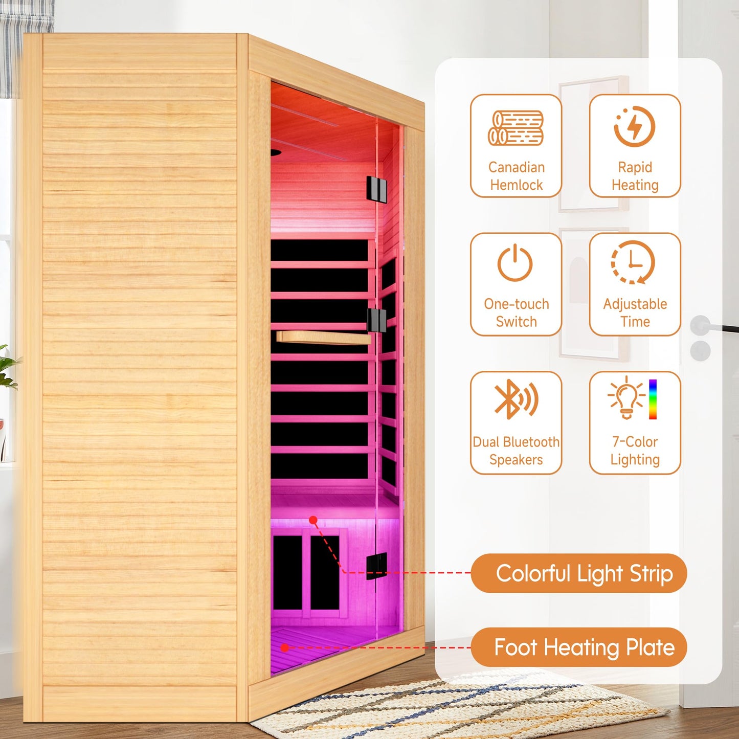 RIGO 2-3 Person Infrared Sauna Cabin — 2180W Home Dry Sauna Cabin with Bluetooth Speaker, Low Electromagnetic Radiation Spruce Wood Interior Dimensions: 47.2 x 47.2 x 74.8 inches