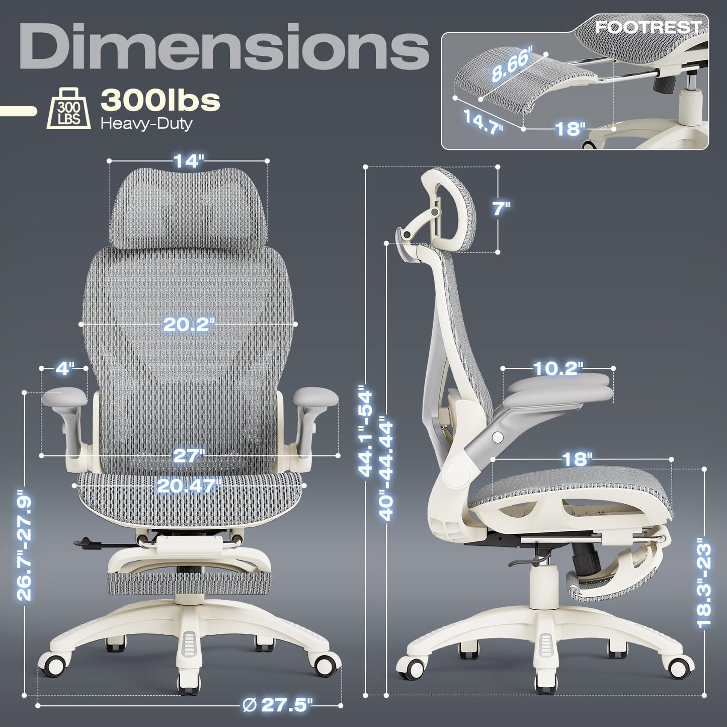 ELABEST X100 Ergonomic Mesh Office Chair with Footrest, Big and Tall Home Desk Chair with 5D Flip-Up Arms, Adjustable 3D Lumbar Support, Gaming & Executive Computer Chair, First Light