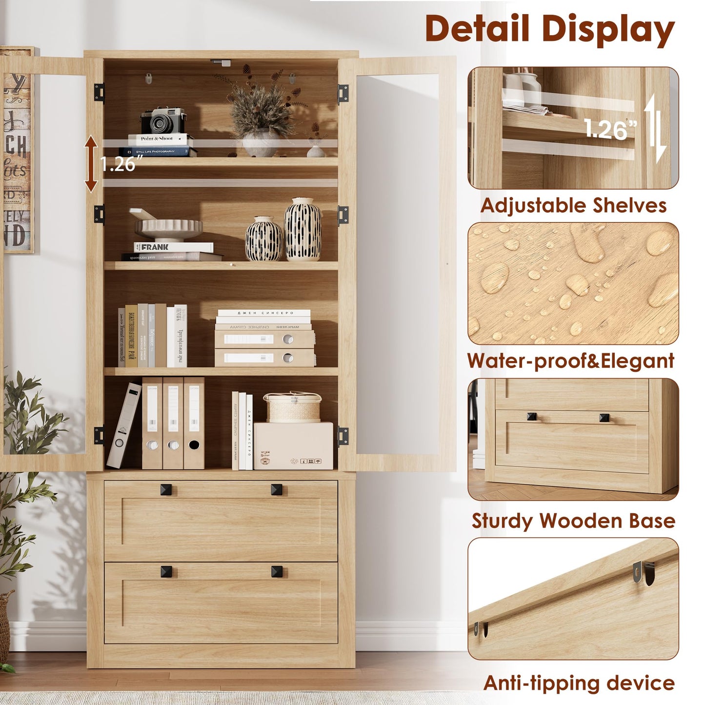 71" Tall Kitchen Pantry Cabinet - Modern Display Storage Cabinet with 2 Large Drawers, Glass Doors, and Adjustable Shelves, Farmhouse Kitchen Cupboard for Dining Room, Bathroom, Living Room, Natural