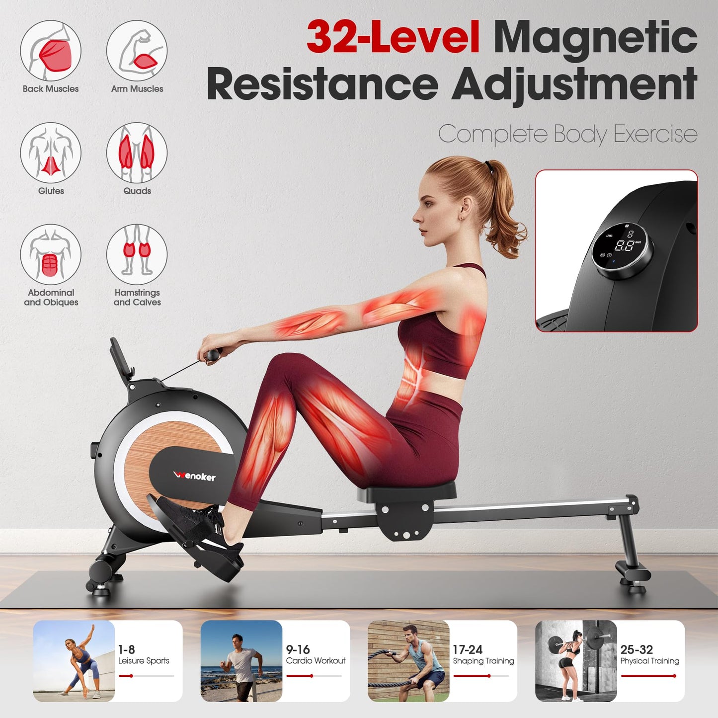WENOKER Rowing Machine, Magnetic Rowing Machine for Home, Upgraded 32-Levels Quiet Resistance with Smart Electronic Knob, 350 LBS Weight Capacity, Compact Rower Machine Easy Assembly, App Supported