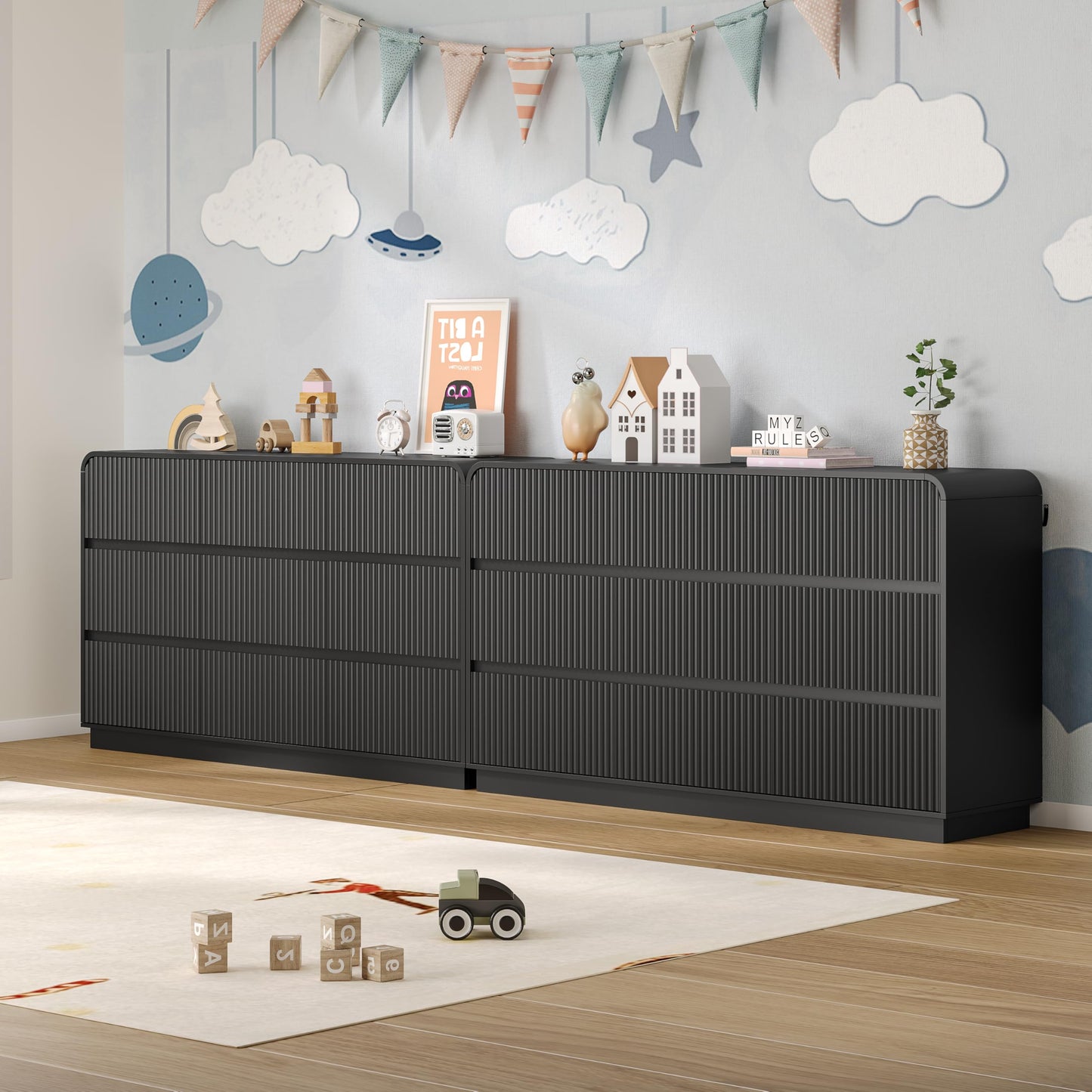 BORNOON Dresser for Bedroom with 9 Drawers, Fluted Chest of Drawers with Round Curved Corner, Hidden Handles, Modern Wood Storage Organizer for Bedroom, Nursery, Living Room