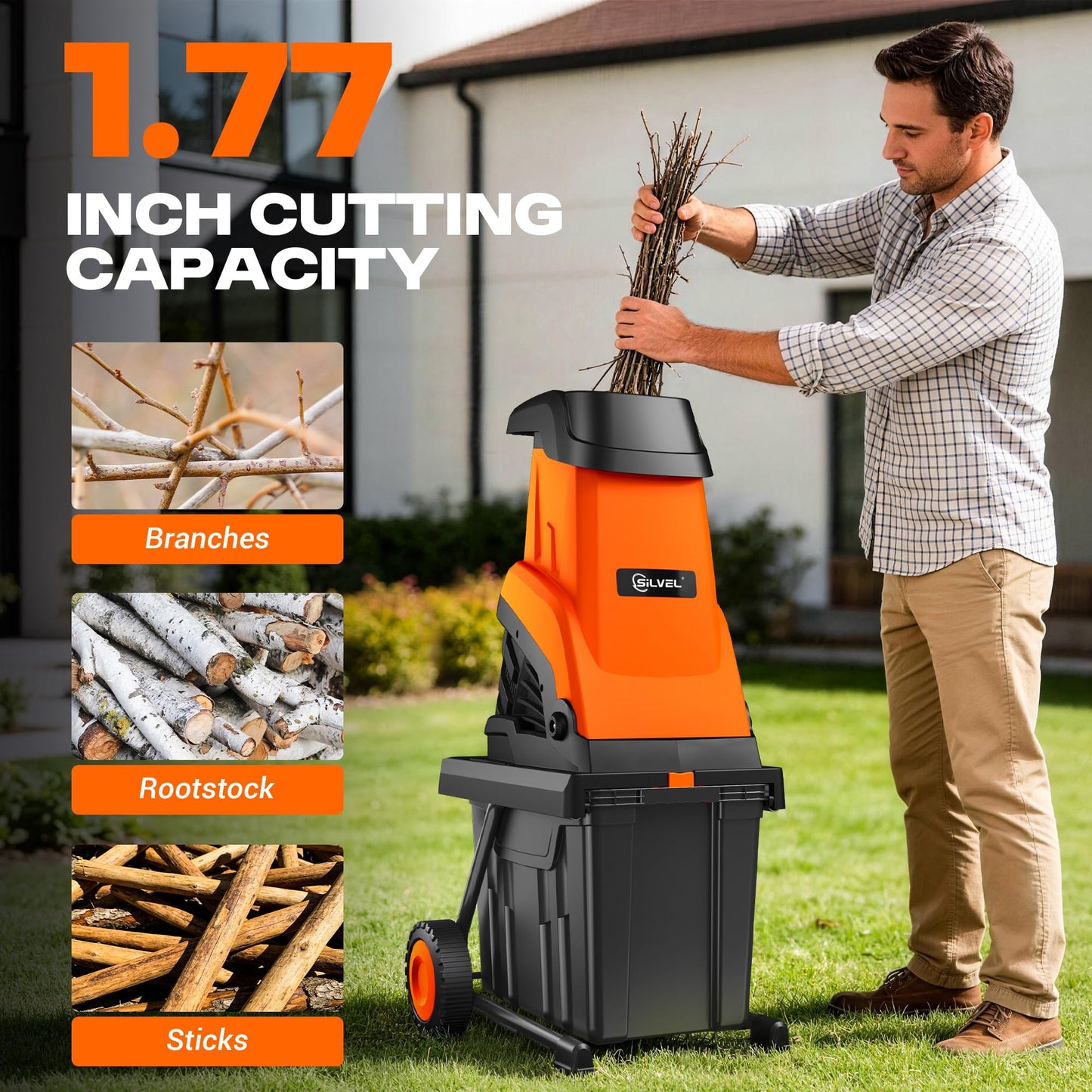 SILVEL Wood Chipper Shredder,1800W Cutting Diameter of 1.77 inch with 10 Gallon Large Collection Bin, 15-Amp Electric Wood Chipper Shredder for Fast Cleanup, Ideal for Branches, Garden Waste
