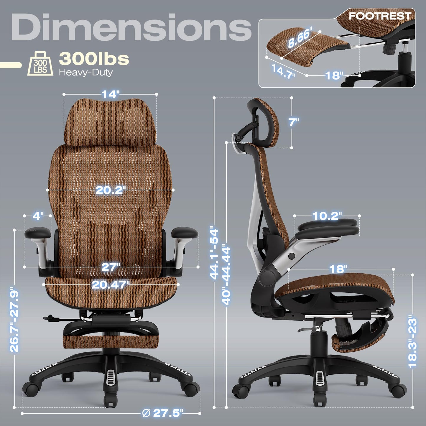 ELABEST X100 Ergonomic Office Chair with Footrest, Big and Tall Home Desk Chair with 5D Flip-Up Arms, Adjustable 3D Lumbar Support,High Back Rolling Computer Chair, Swivel Mesh Chairs