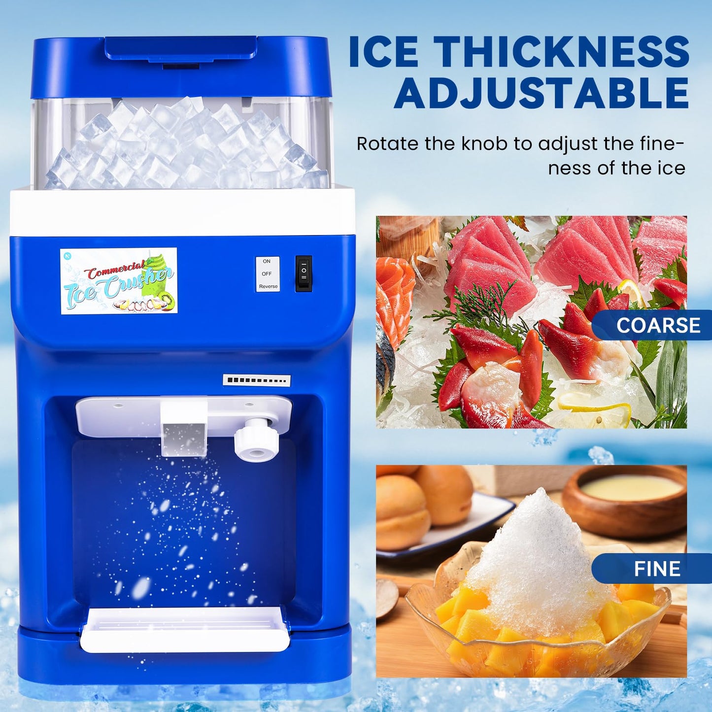 NEWTRY 8.45QT Commercial Ice Cube Crusher Machine Electric Ice Shaver with Aluminum Alloy Blade Automatic Snow Cone Maker Thickness Adjustable 250w 110v Large Capacity 400lb/h for Commercial Home Use