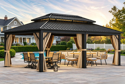 YITAHOME 12X20FT Gazebo Hard Top Patios Double Roof Aluminum Frame Garden Gazebo Tent Curtains Netting for Patios Backyards Decks Lawns Brown