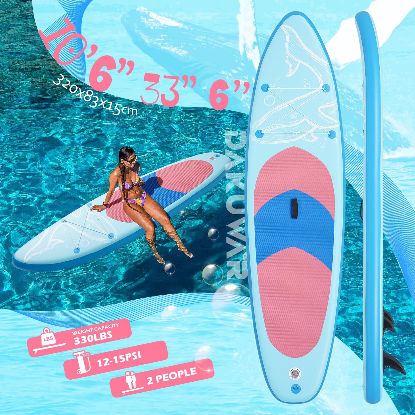 DAKUWAR Paddle Board 10'6''x33''x6'' Inflatable Stand Up Paddle Boards with SUP Accessories Ultra-Light Paddleboard Non-Slip Comfort Deck for Adults & Youth of All Skill Levels (Blue and Pink)