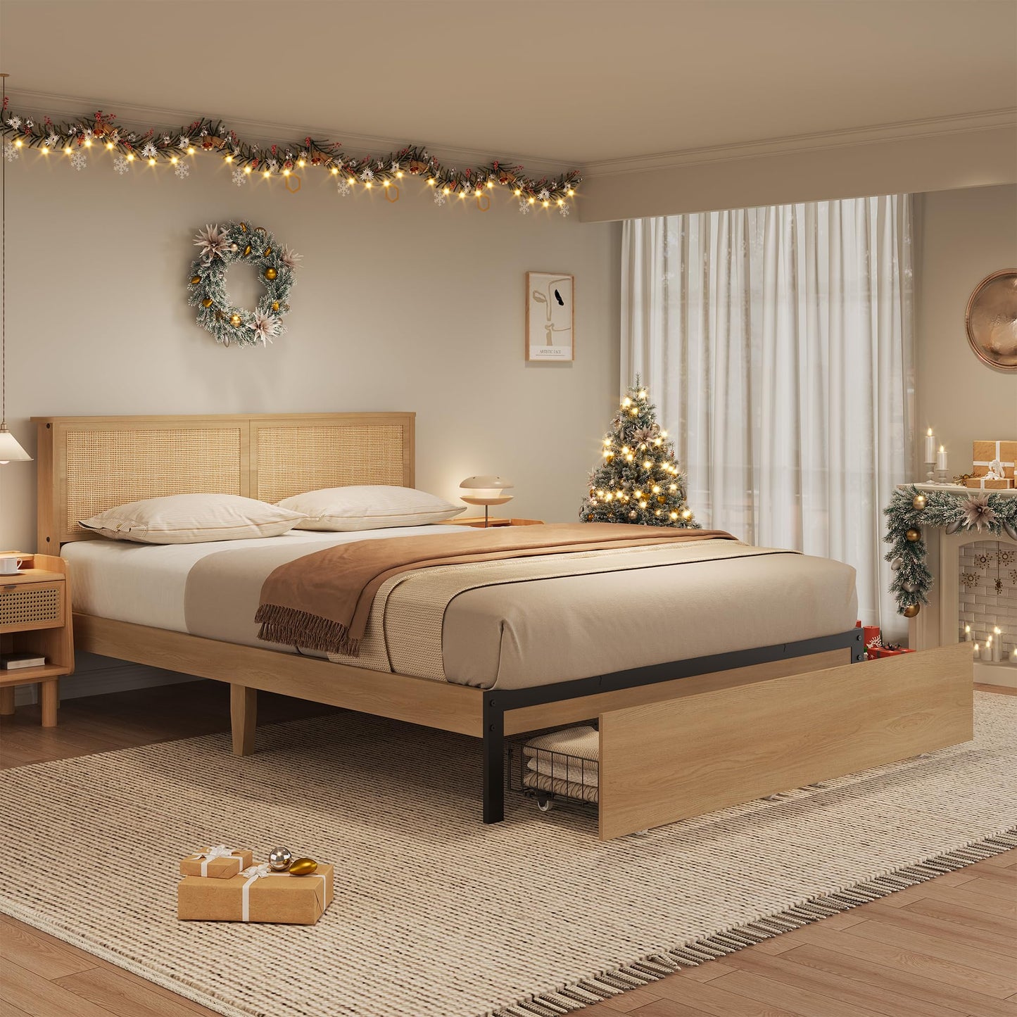 GarveeHome Rattan Bed Frame Full Size Bed Frame with 2 Drawers, Wooden Platform Bed with Rattan Headboard, Led Lights, Boho Storage Bed Frame, Noise Free, No Box Spring Needed, Natural Oak