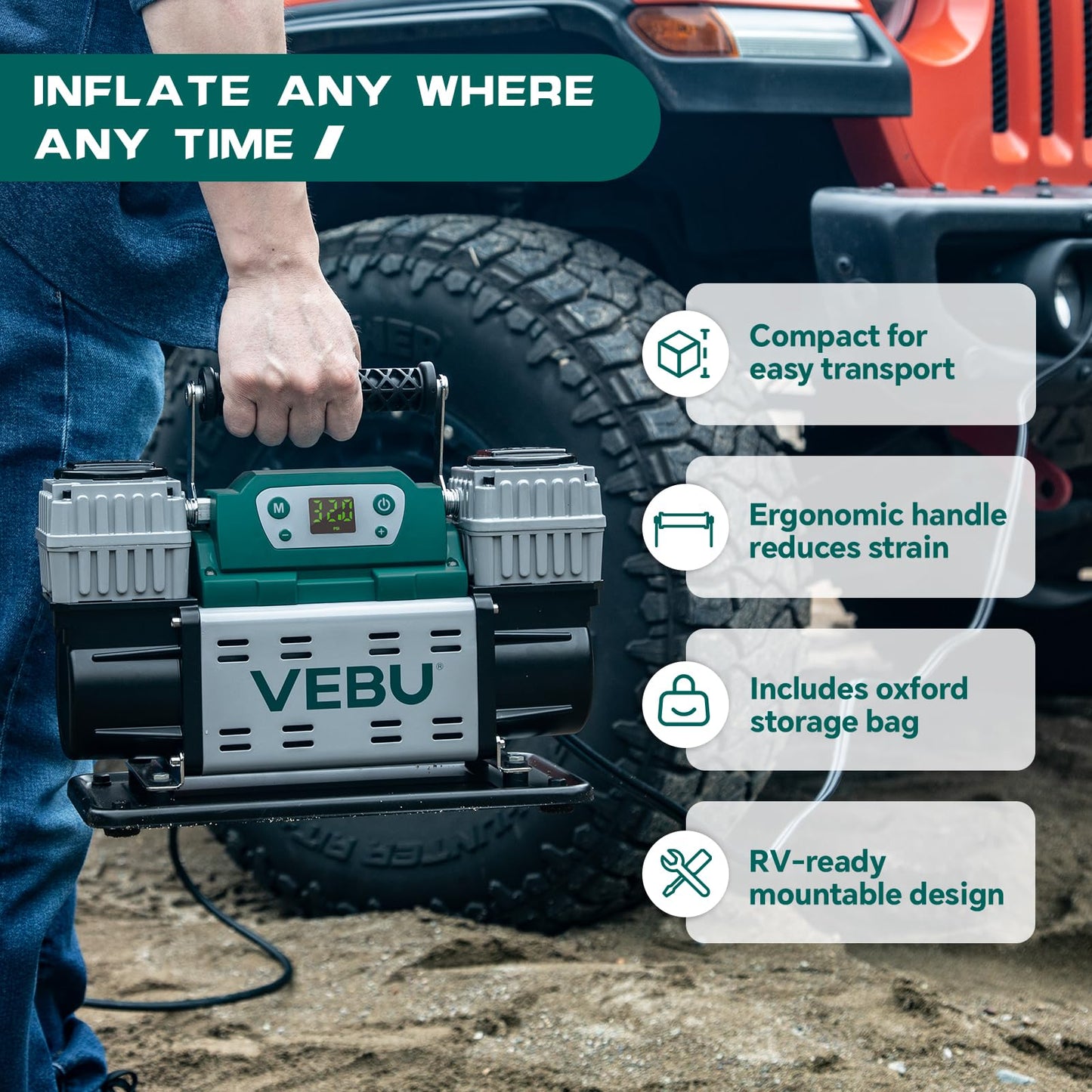 VEBU ‌Off-road Air Compressor 12V Tire Inflator, 150PSI with Auto Shut Off, Digital Display & Preset, 10.6CFM Fast Inflation for Off-road Vehicles, Trucks, SUVs, RVs, ATVs