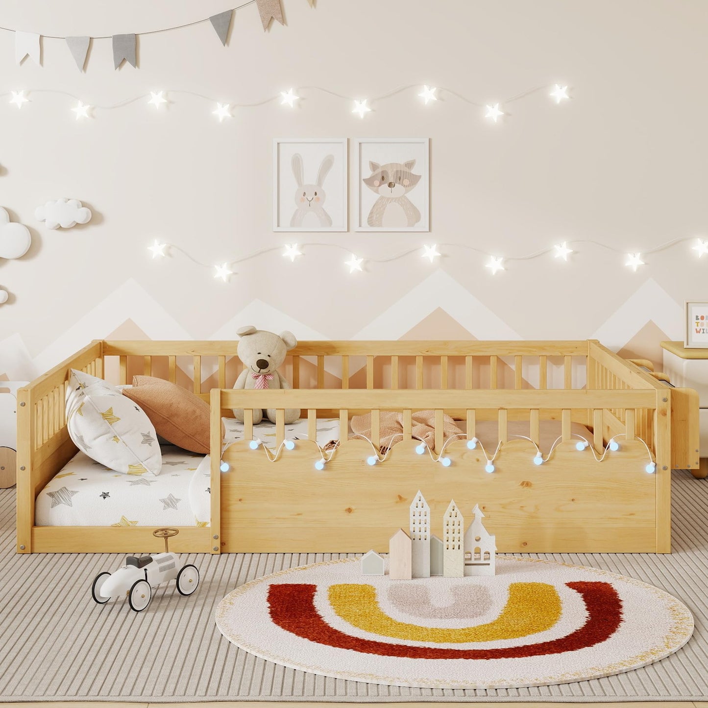 KEIKI Full Size Floor Bed w/Light & Storage, Wood Montessori Platform Bed Frame w/Safety Rails, Space Saving Kids Beds for Boys Girls Bedroom Playing Room, Easy Assembly Bedframe, Noise Free, Brown