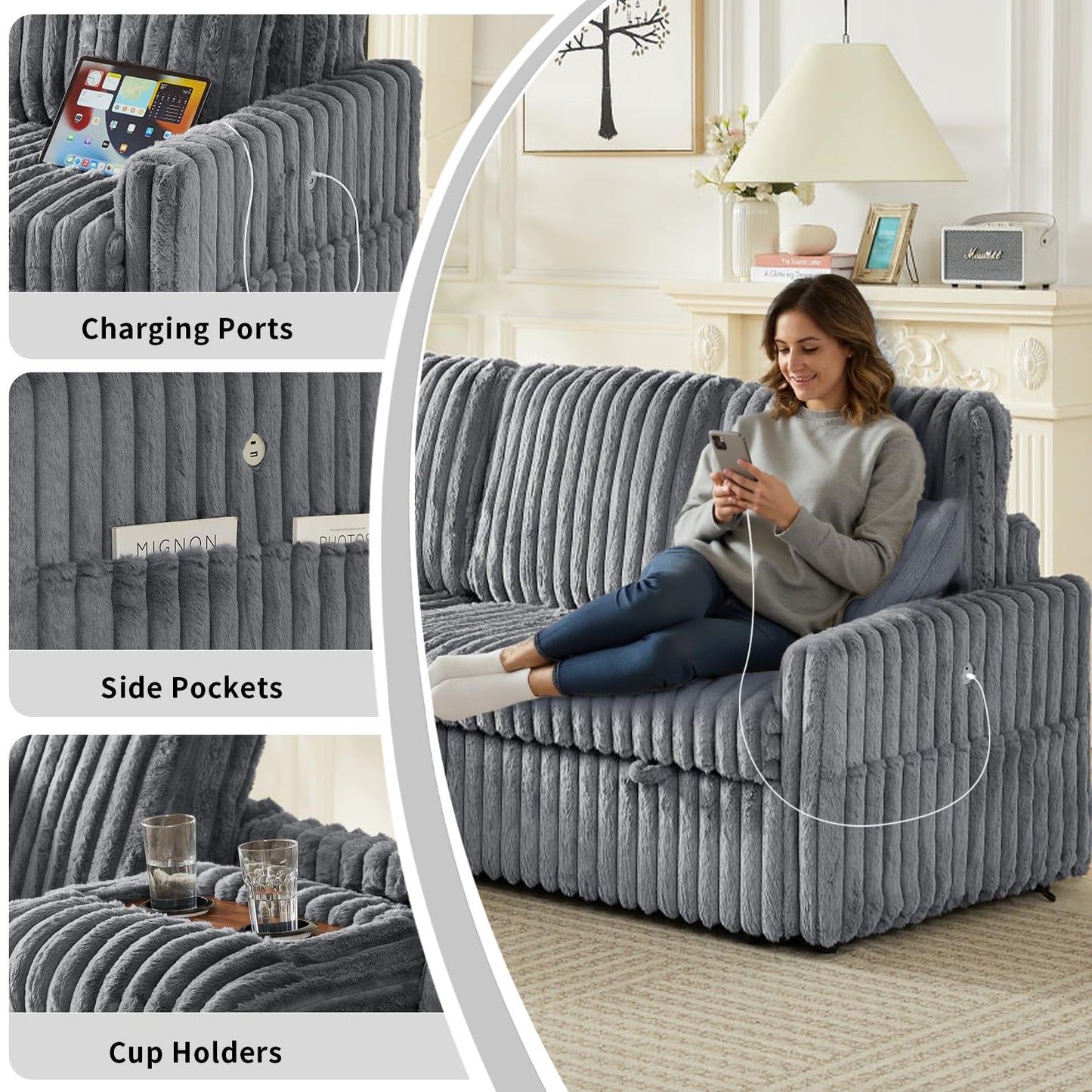 KCGKCG Sleeper Sofa Bed, 81” Pull Out Couch Bed with Reversible Storage Chaise, 3 in 1 L-Shaped Couch with Charging Station, Cup Holder, Side Pocket, Plush Corduroy Couches for Living Room(Light Grey)