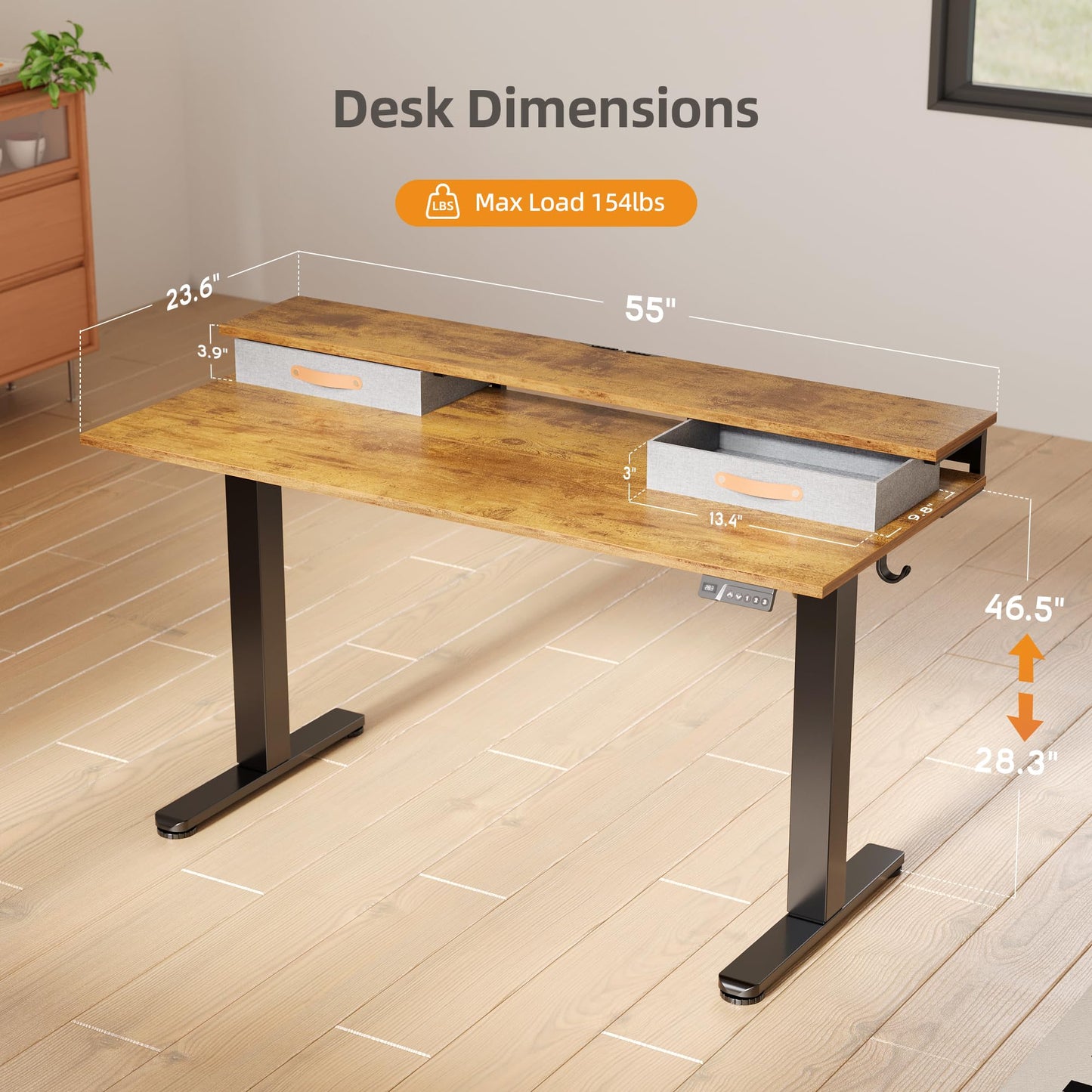 Seang Electric Standing Desk with 2 Drawers, Adjustable Standing Desk with Storage Shelf, Height Adjustable Stand up Desk for Home Office with 3 Presets & 2 Hooks, 55 Inch, Rustic Brown