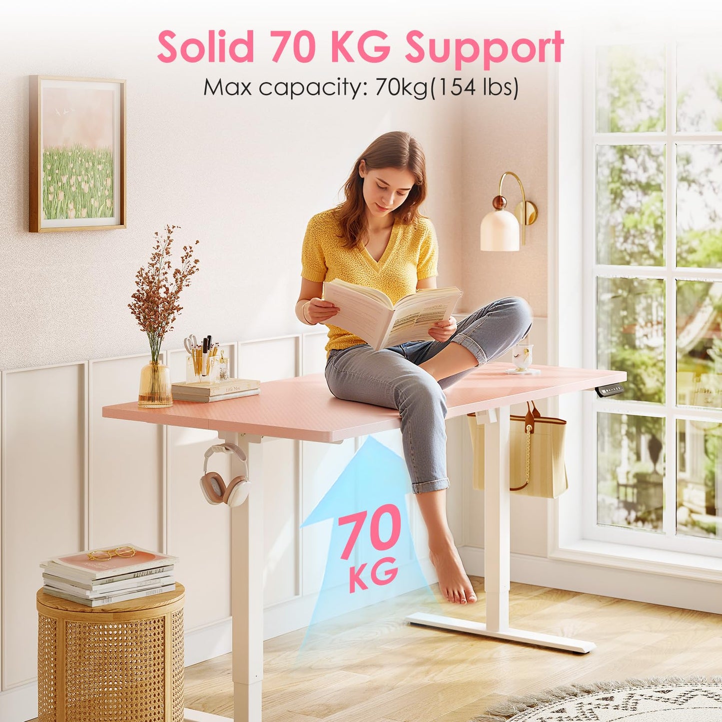 OffiGo Electric Height Adjustable Standing Desk, 48 Inch Pink Computer Desk for Women Girls, Sit Stand Table for Home, Office, Bedroom