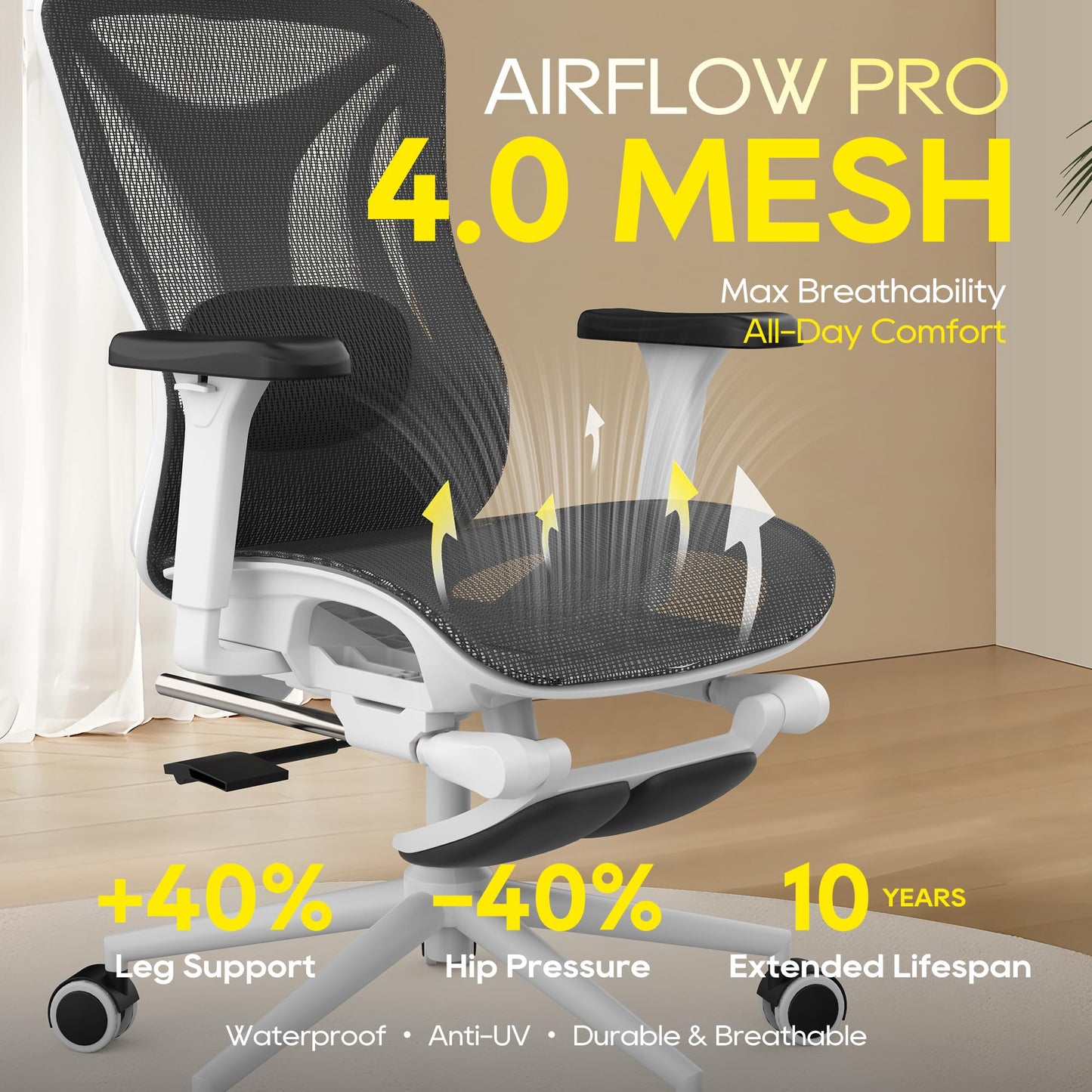CYKOV Ergonomic Office Chair with Footrest - Adjustable Lumbar Support & Headrest, 90-160° Reclining Mesh Back Computer Chair - Home Office/Gaming, 350lbs Capacity (W-Black, Mesh)