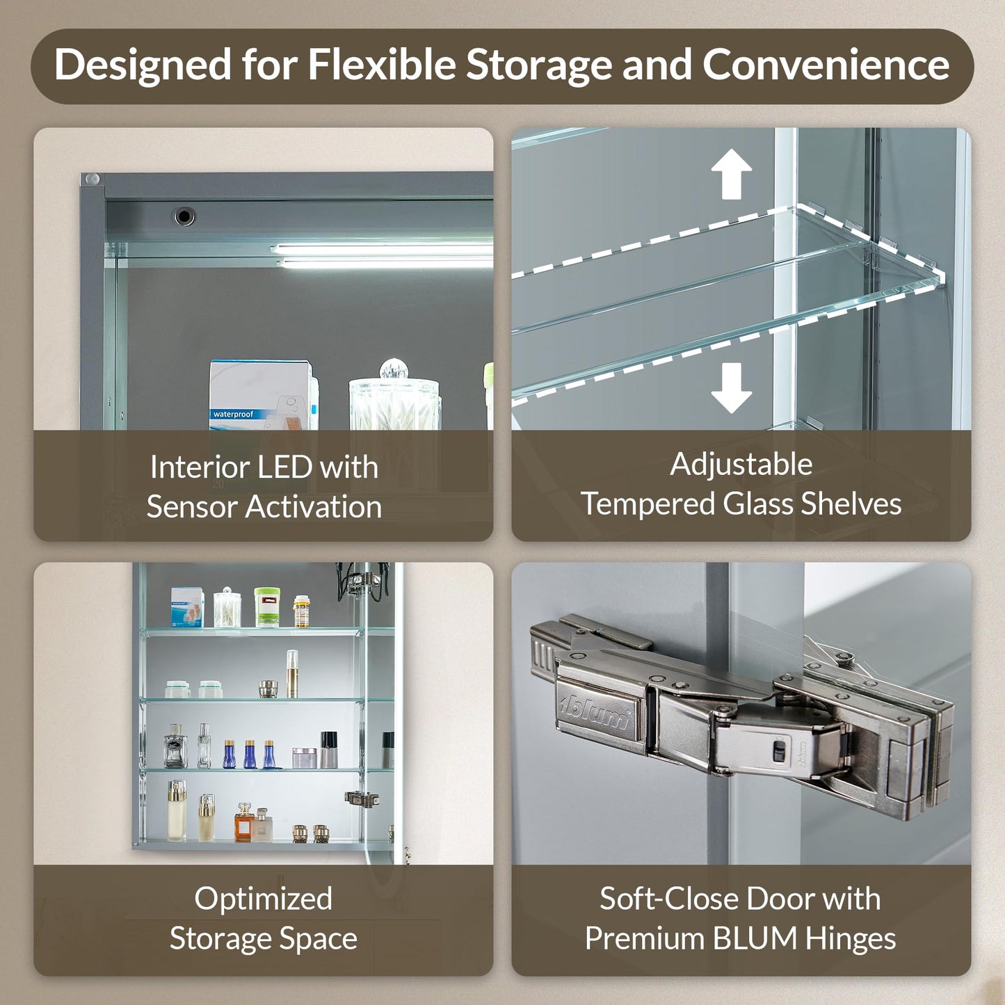 Blossom LED Medicine Cabinet Mirror for Bathroom 24x38 – Right Hinge Recessed/Surface Mounted, Anti-Fog, Adjustable Brightness, Wall Mounted Storage – Lighted Medicine Cabinet with Mirror