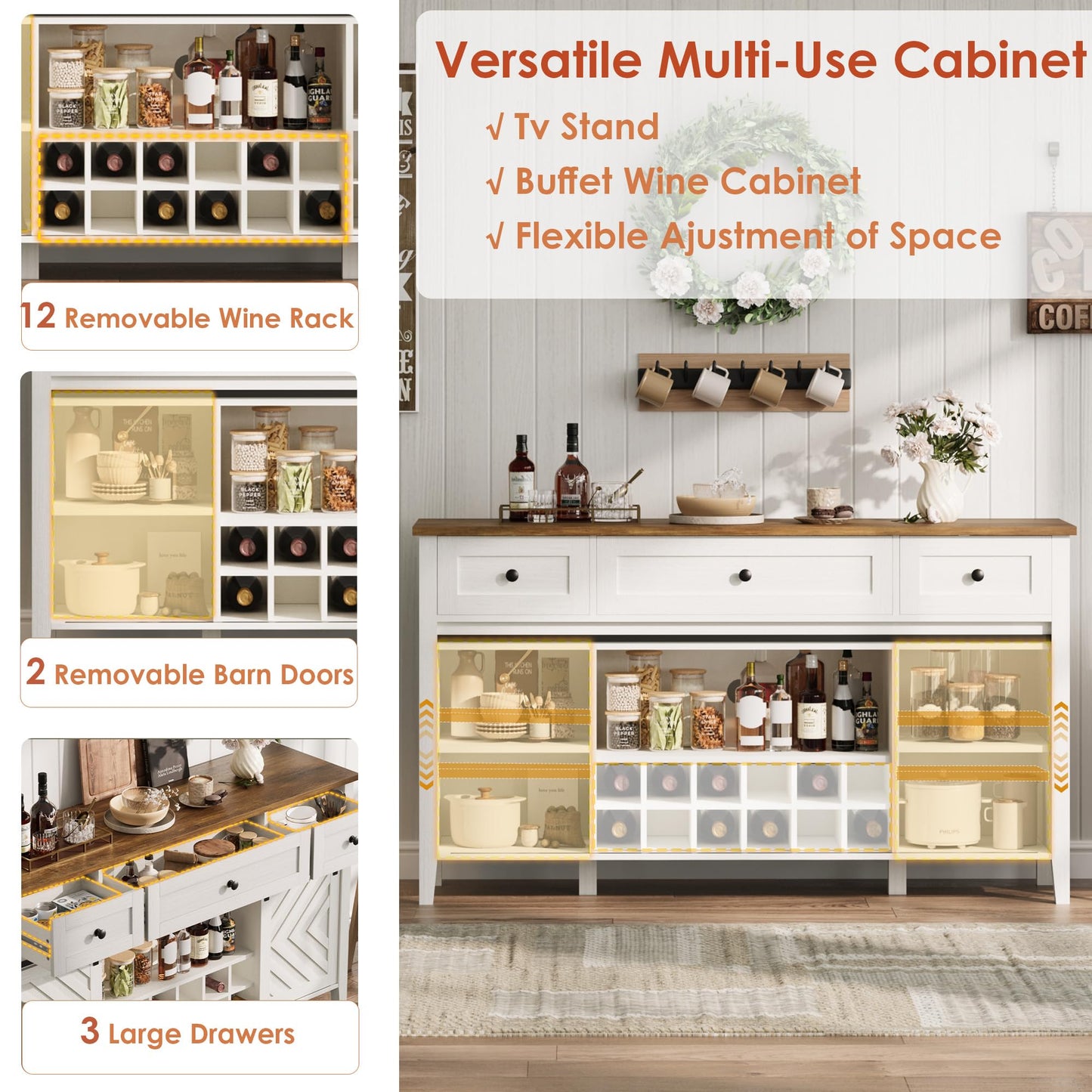 Garvee Farmhouse 59' Bar Cabinet with Adjustable Shelf and Sliding Barn Door, Buffet Cabinet with Removable Rack and 3 Drawer for Dining Room, Kitchen, Living Room