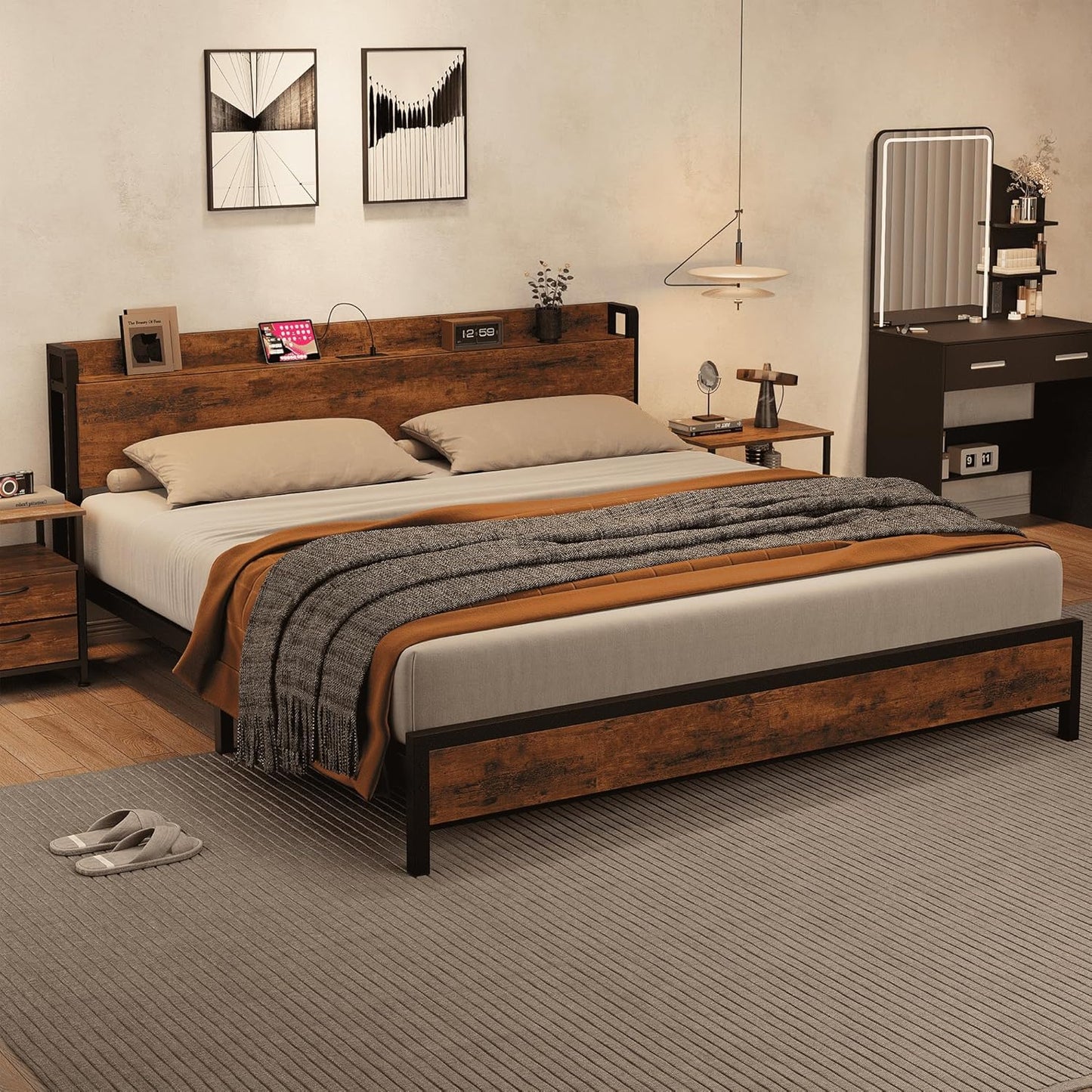 GarveeHome King Size Bed Frame Charging Station with 2 USB Ports & 2 AC Outlets, Heavy Duty Metal Bed Frame with Wooden Headboard and Footboard, No Box Spring Needed, Easy to Assemble, King Size