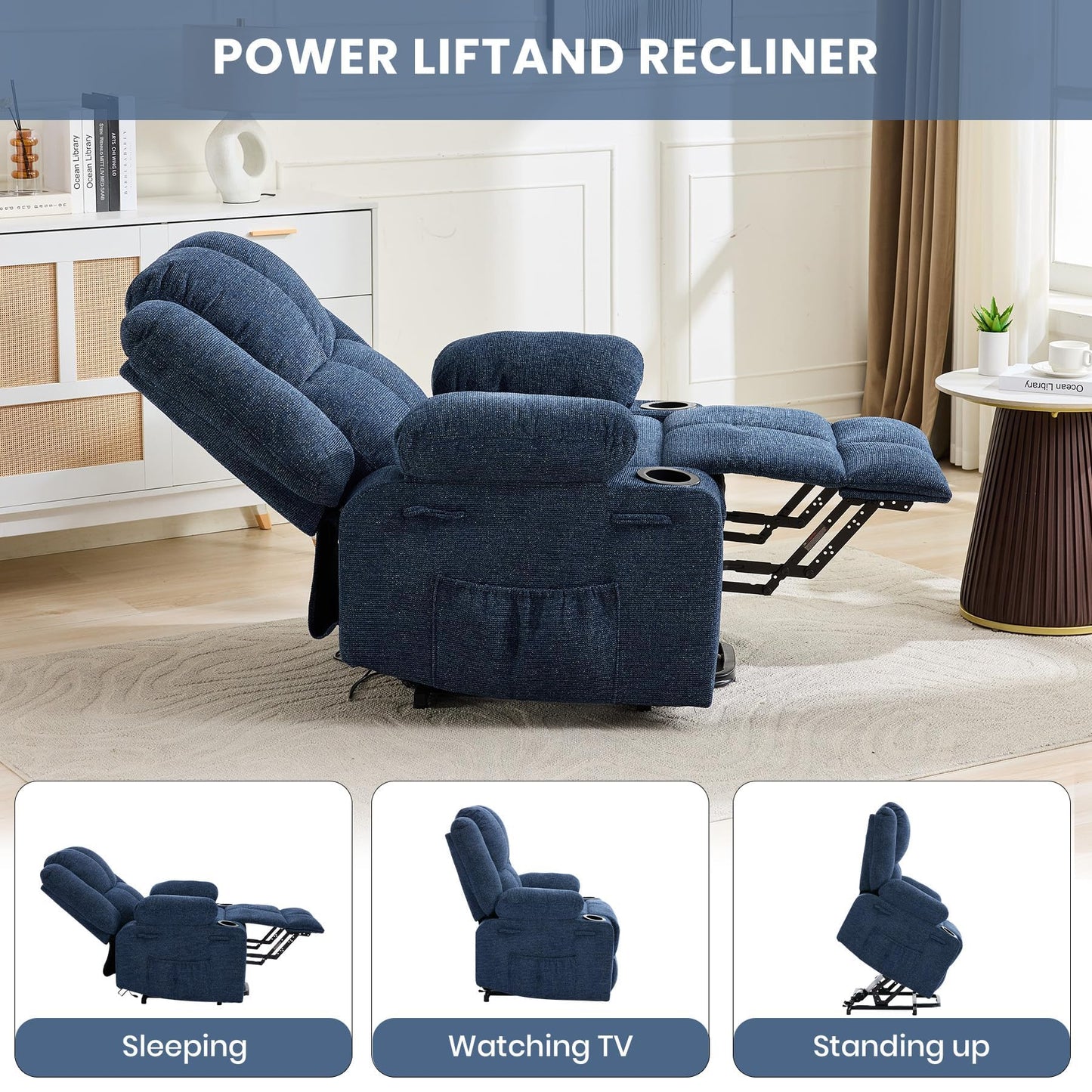 MilleLoom Oversized Power Lift Recliner Chair for Elderly with Vibration Massage and Lumbar Heating,150°Adjustable Lay Flat Lift Chair Electric Recliner Chairs,Stand Assist for Living Room,Dark Blue