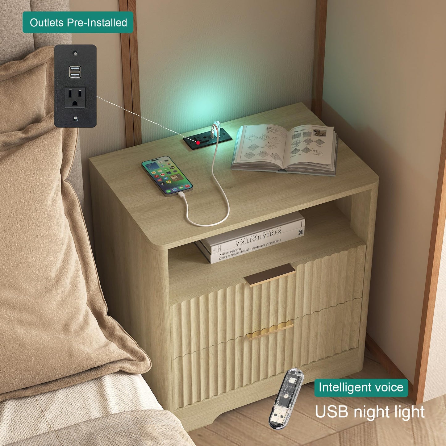 KEIKI Nightstand with Charging Station Set of 2, Built-in Storage Drawers and Shelf, Wood Smart Bedside Cabinet with Voice Control, Natural and Natural