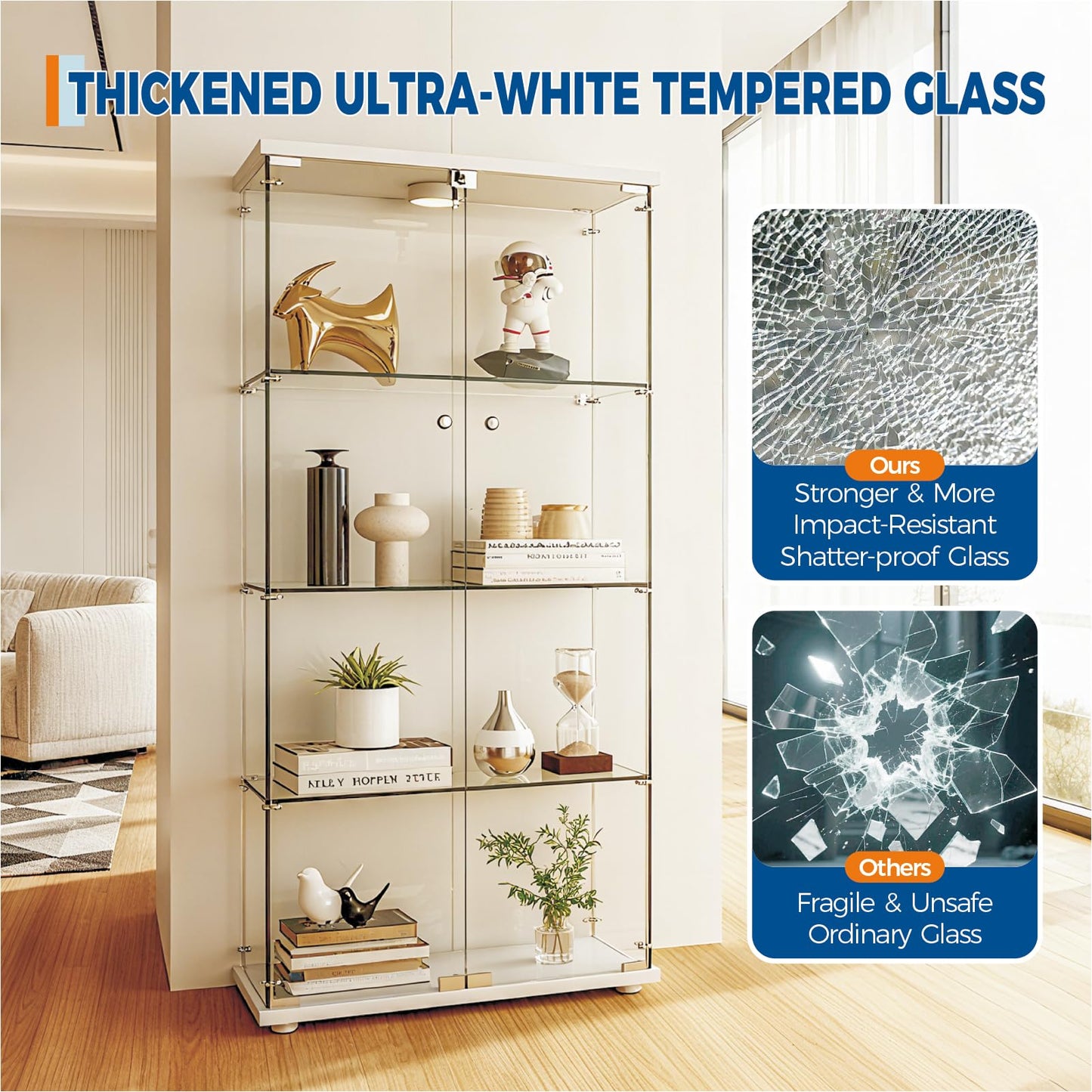 IDEALHOUSE Tempered Glass Display Cabinet with LED Light, 4 Shelves Lockable Curio Showcase, Double Doors Storage Cabinet for Living Room Bedroom Office, White (64x31.7x14.3 in)