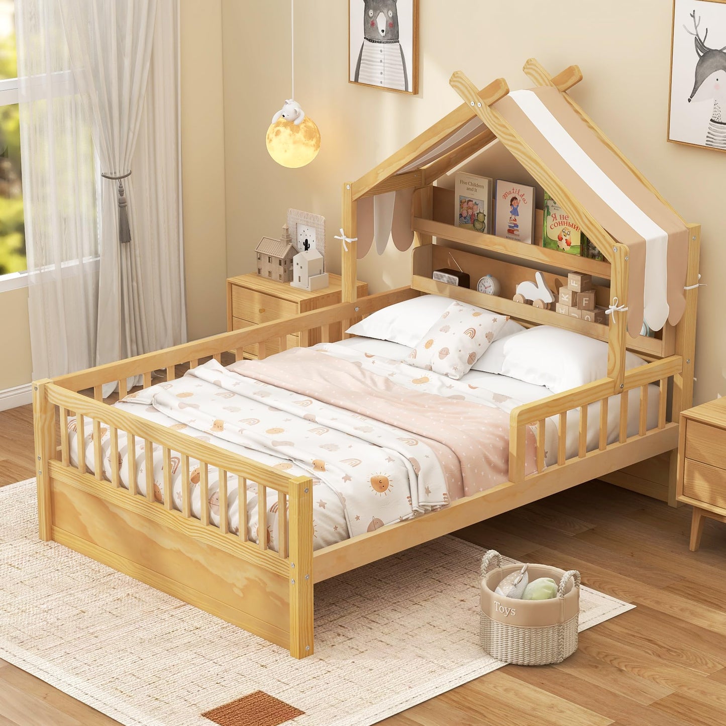 Merax Twin Size House Bed with Storage Headboard Shelf & Removable Canopy, Wooden Platform Bed Frame with Guardrail for Boys Girls Teens Bedroom Use, No Box Spring Needed, Natural